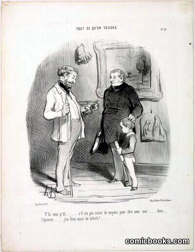 "V'la mon p'tit... s'il n'a pas assez de moyens pour être avec moi... dans l'épicerie... j'en ferai aussi un artiste!" by Honoré Daumier