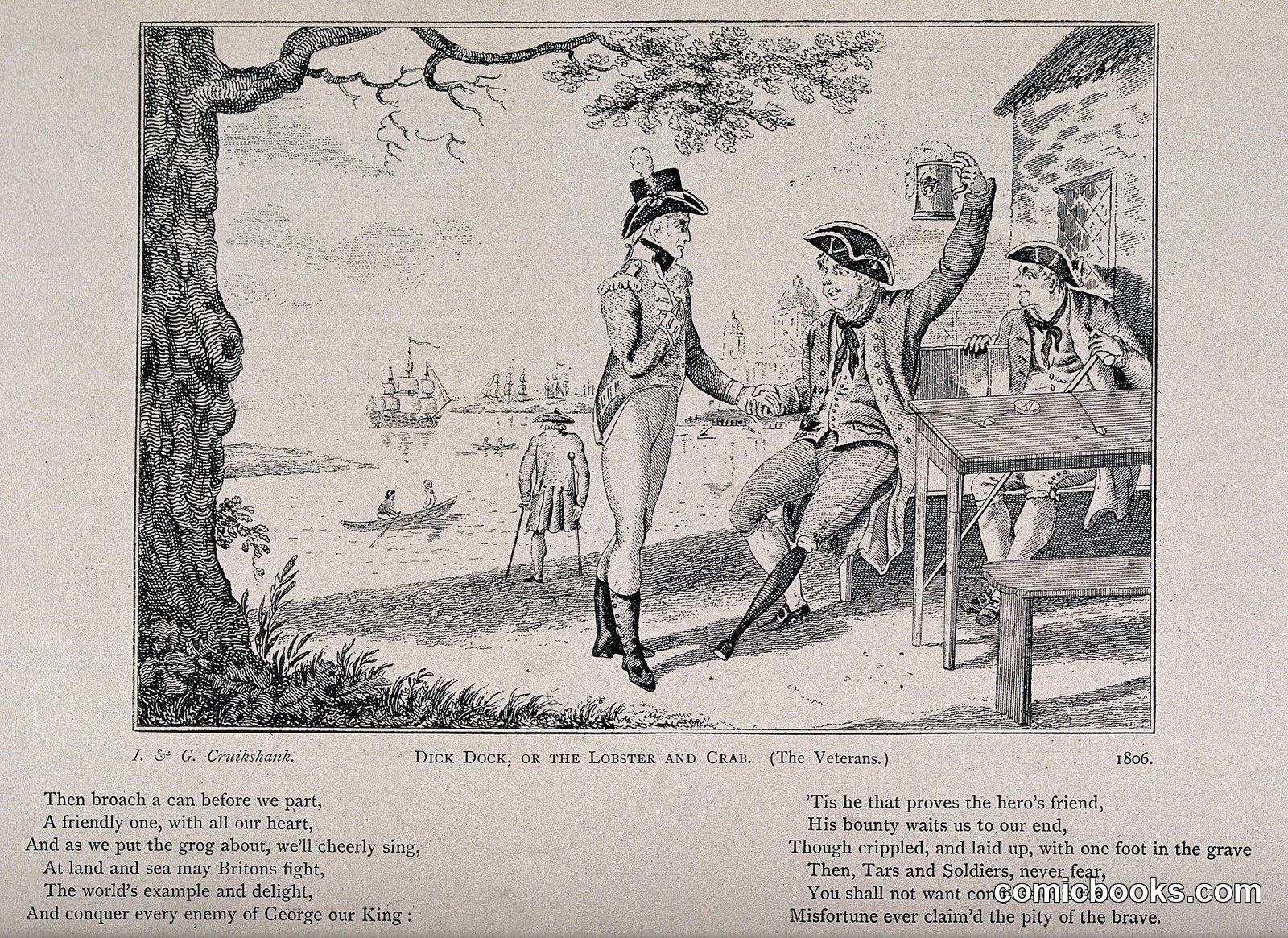 Two naval veterans drinking to the future outside a seaside inn, with an accompanying poem