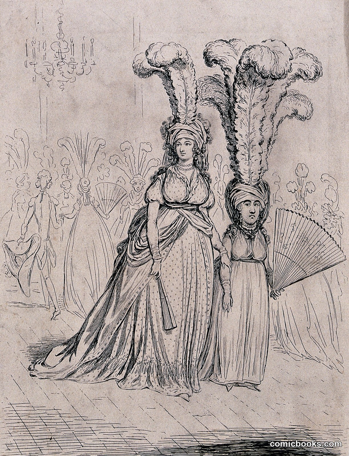 A tall woman wears short feathers in her headdress and a short woman wears tall feathers in hers