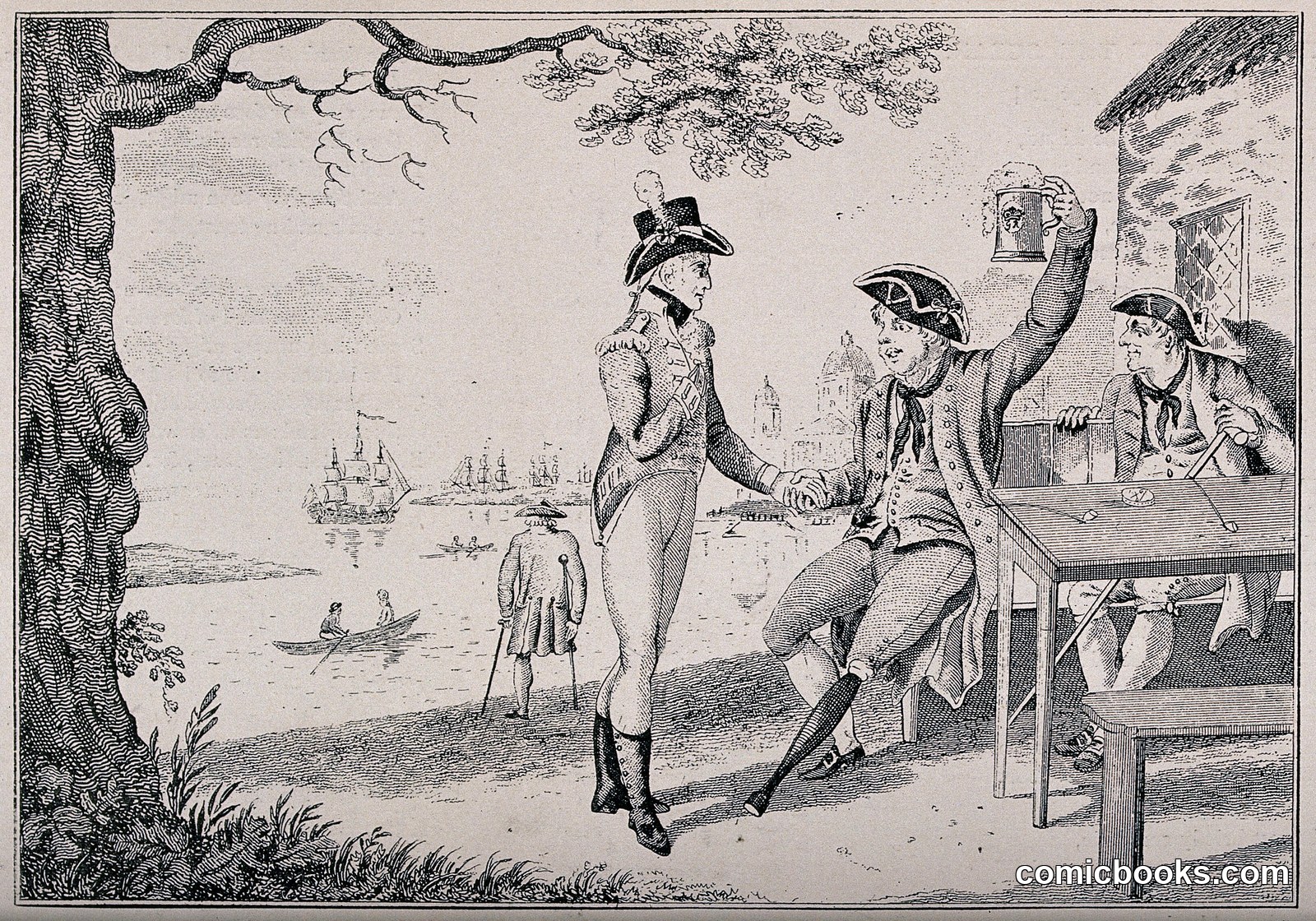 Two Naval Veterans Toasting Outside a Seaside Inn