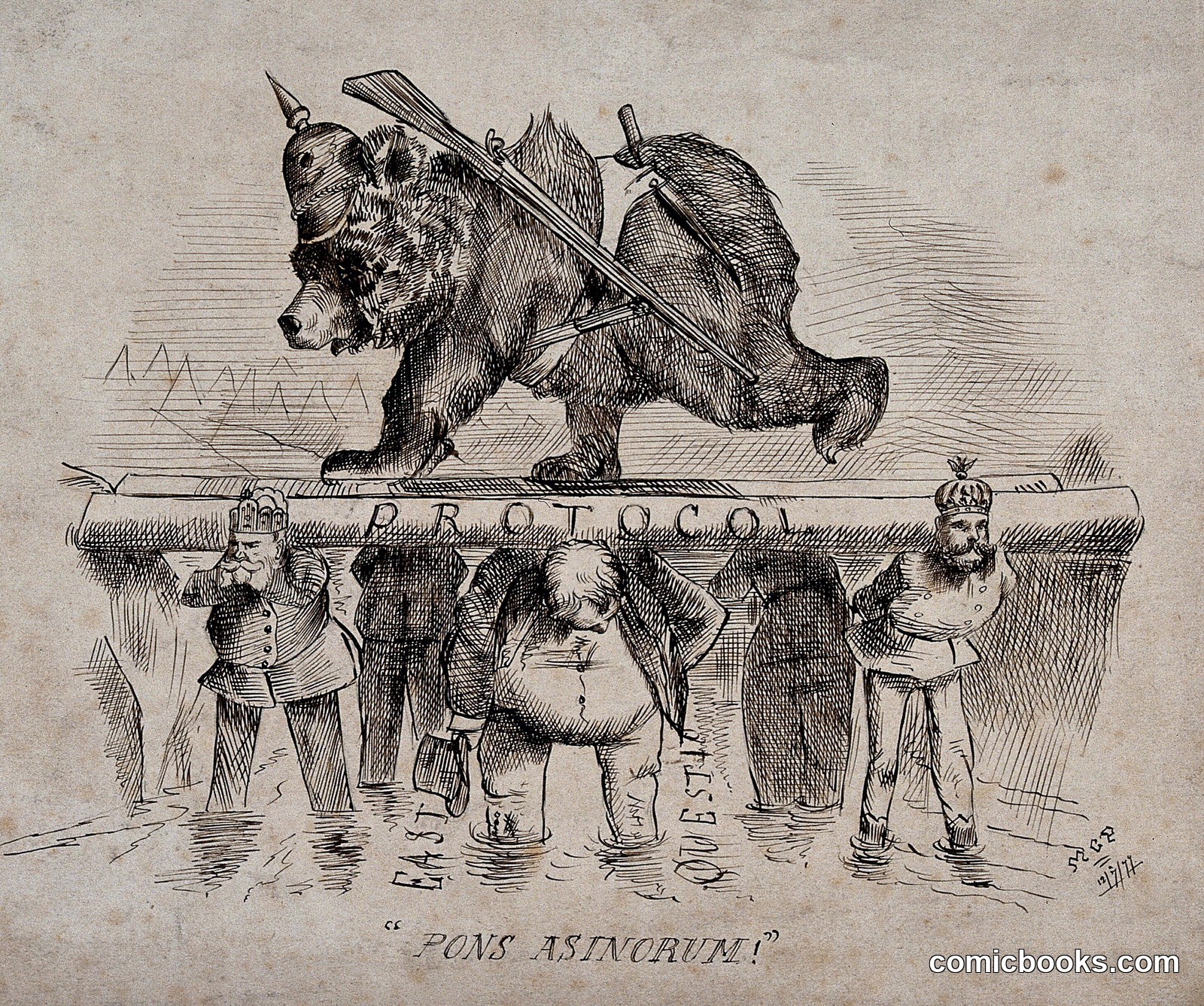 A Bear Dressed as a Soldier Supported by Six Men by M.C. P.