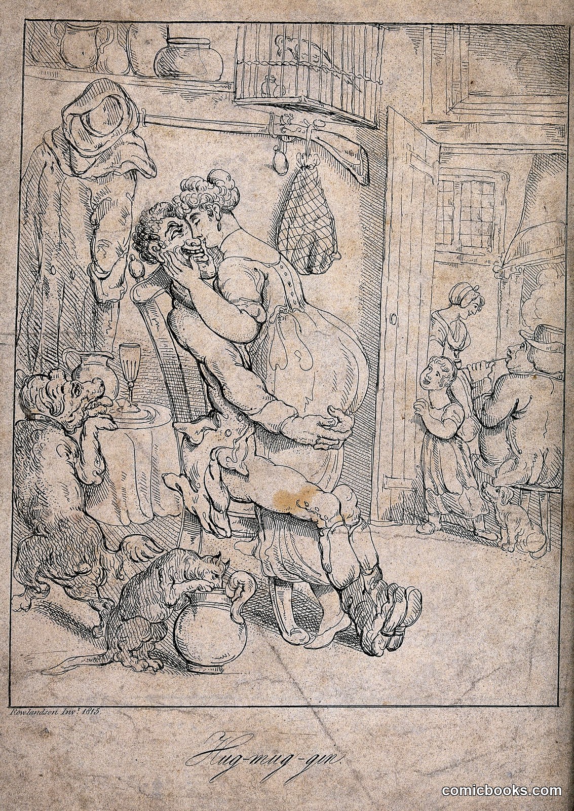 A Man and a Young Woman Embrace, Watched by a Young Girl and a Dog by Thomas Rowlandson