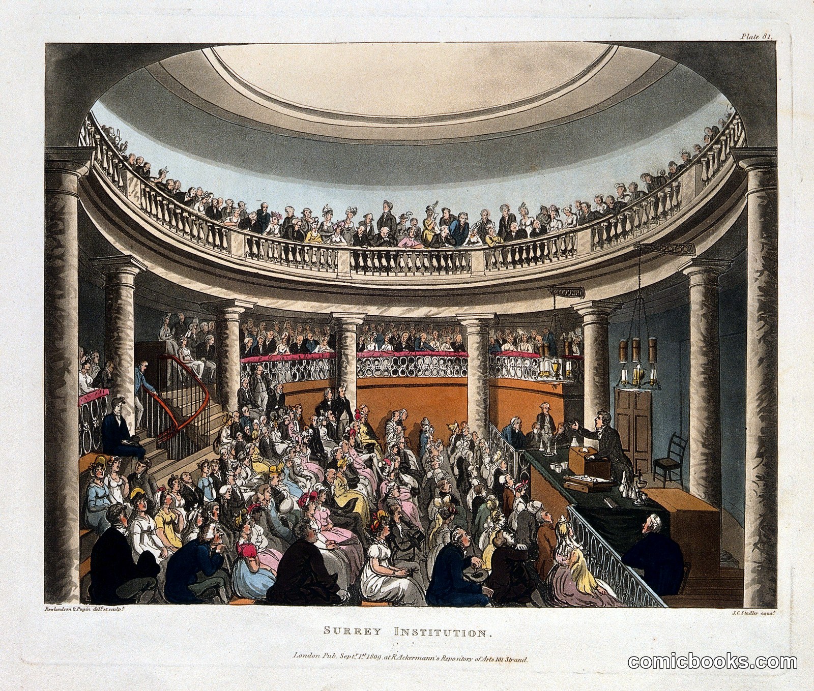 Surrey Institution: Interior of the Rotunda with F. Accum Lecturing