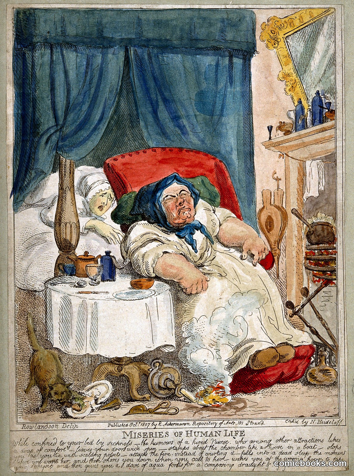 A convalescing woman trying in vain to rouse her slumbering hired nurse: the cat scavenges her food and the candle sets light to the carpet by Thomas Rowlandson