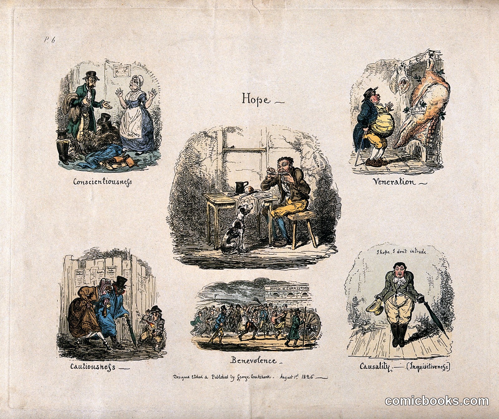 Six Vignettes Illustrating Phrenological Propensities by George Cruikshank