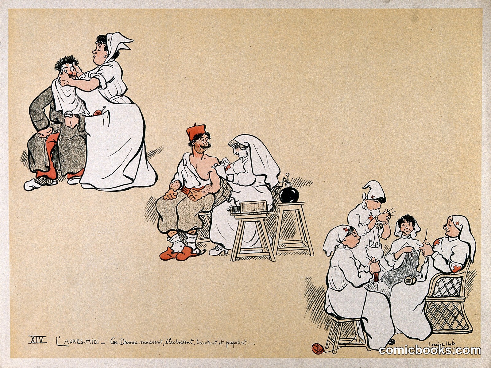 Comical Scenes of Nurses Engaged in Massaging and Electrifying Patients, and Knitting by Louise Catherine Ibels
