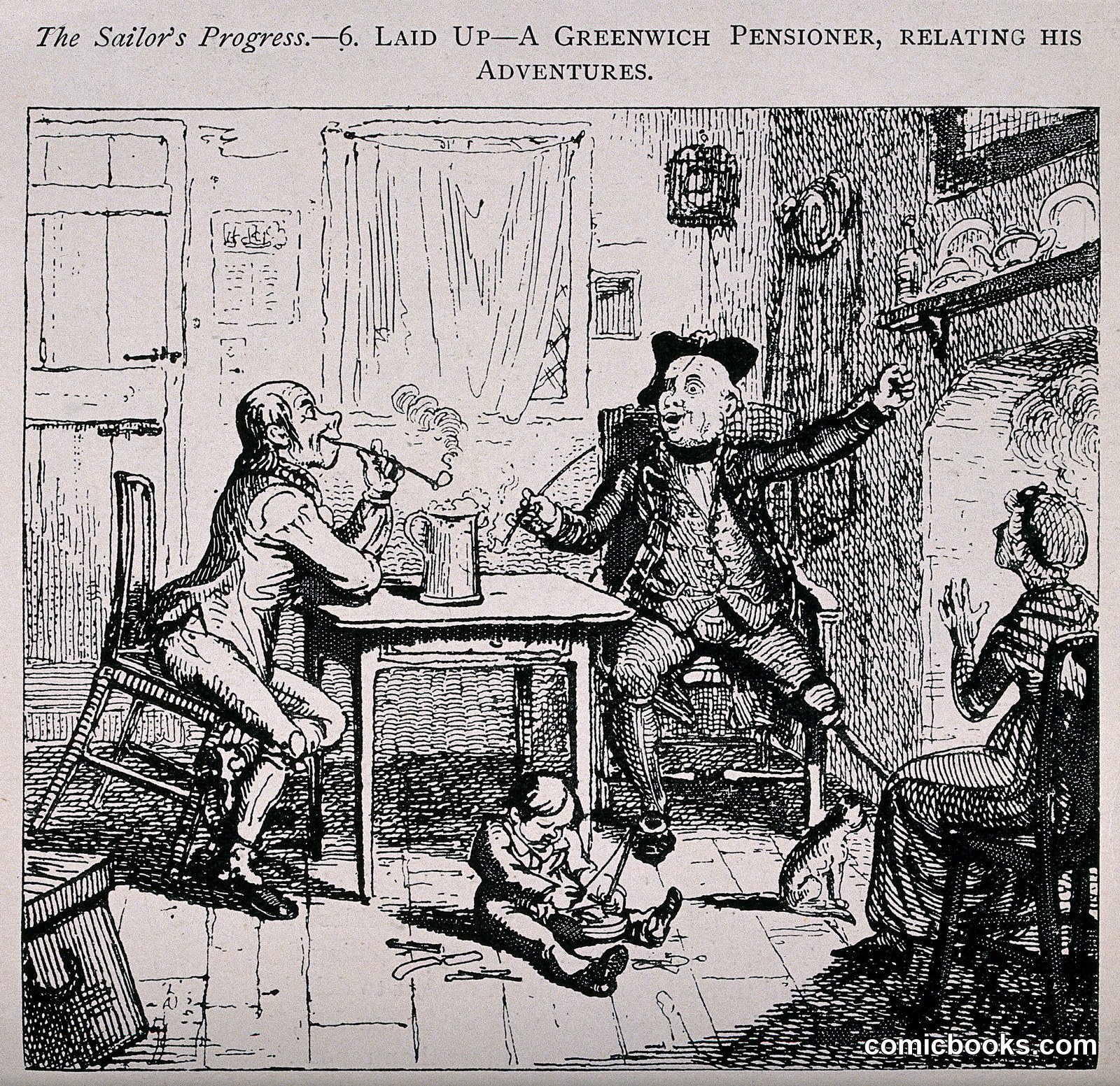 The Sailor's Progress — Plate 6: Laid Up — A Greenwich Pensioner, Relating His Adventures by John Sheringham