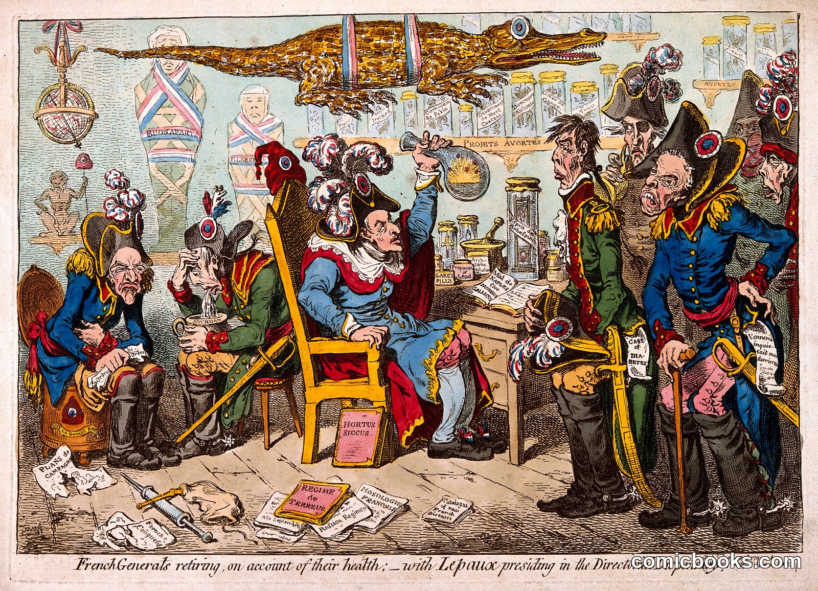 French Generals Retiring on Account of Their Health — with Lépeaux Presiding in the Directorial Dispensary by James Gillray