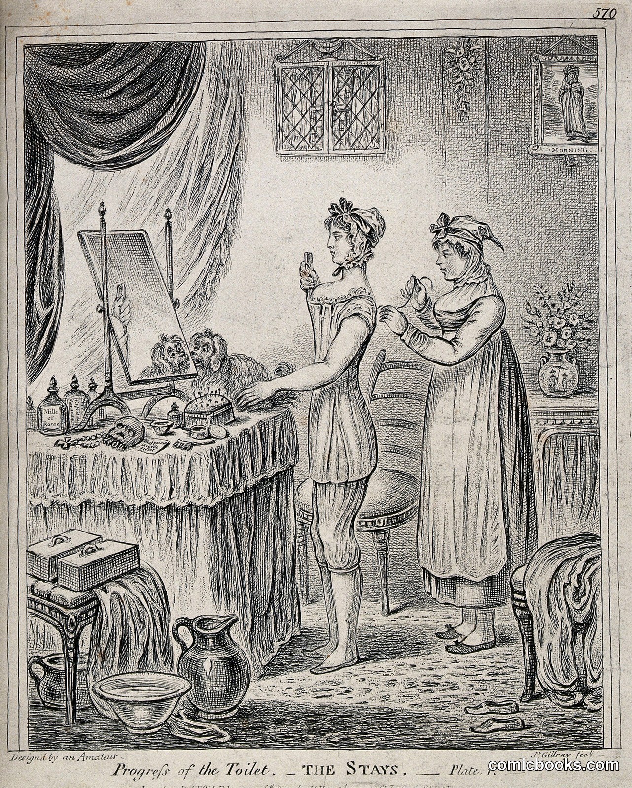 A Woman at Her Dressing Table Being Laced into Her Stays by James Gillray