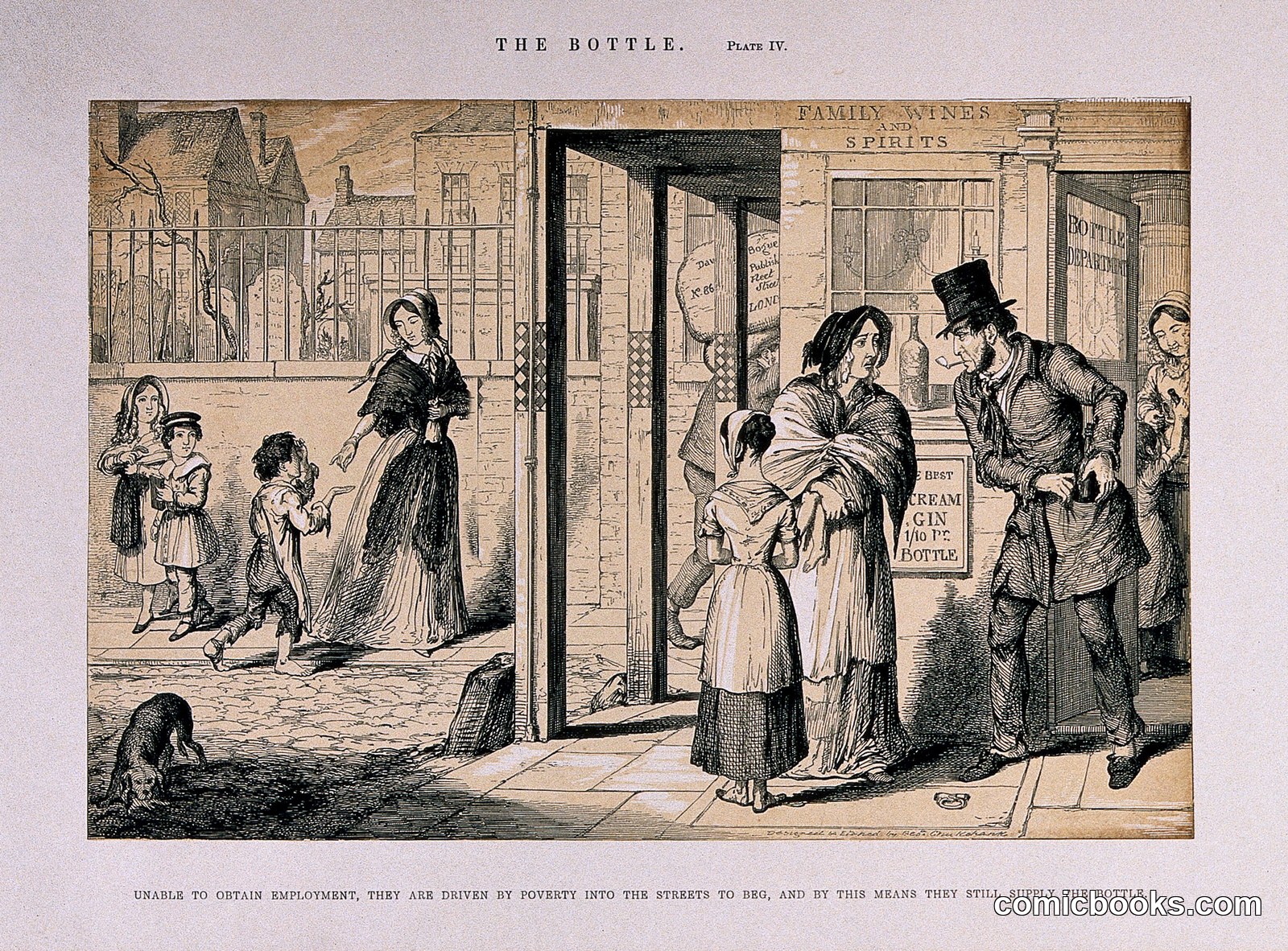 The Bottle, Plate IV: Unable to Obtain Employment, They Are Driven by Poverty into the Streets to Beg by http://data.europeana.eu/agent/63272