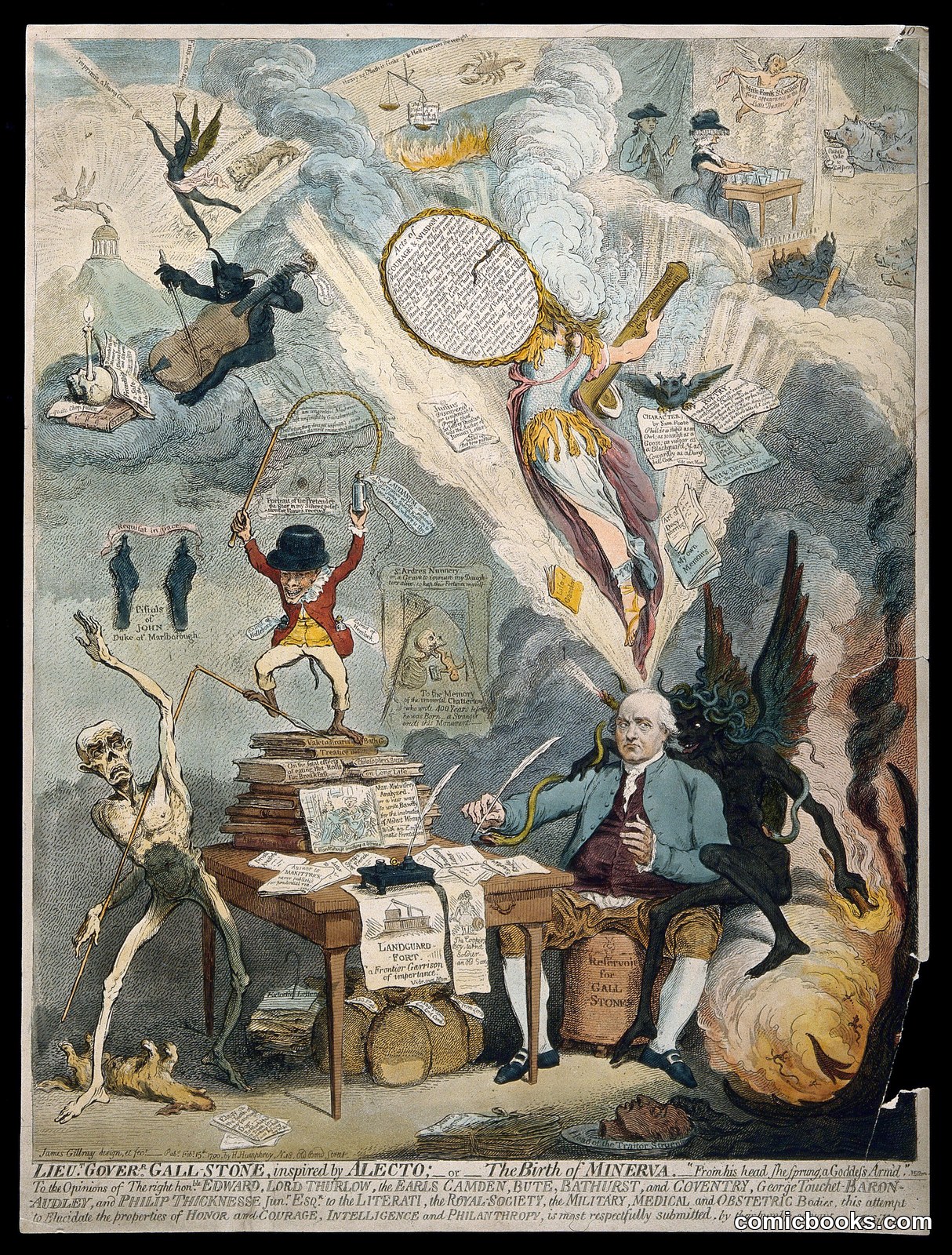 Philip Thicknesse writing at a table, surrounded by demonic apparitions representing aspects of his life by James Gillray