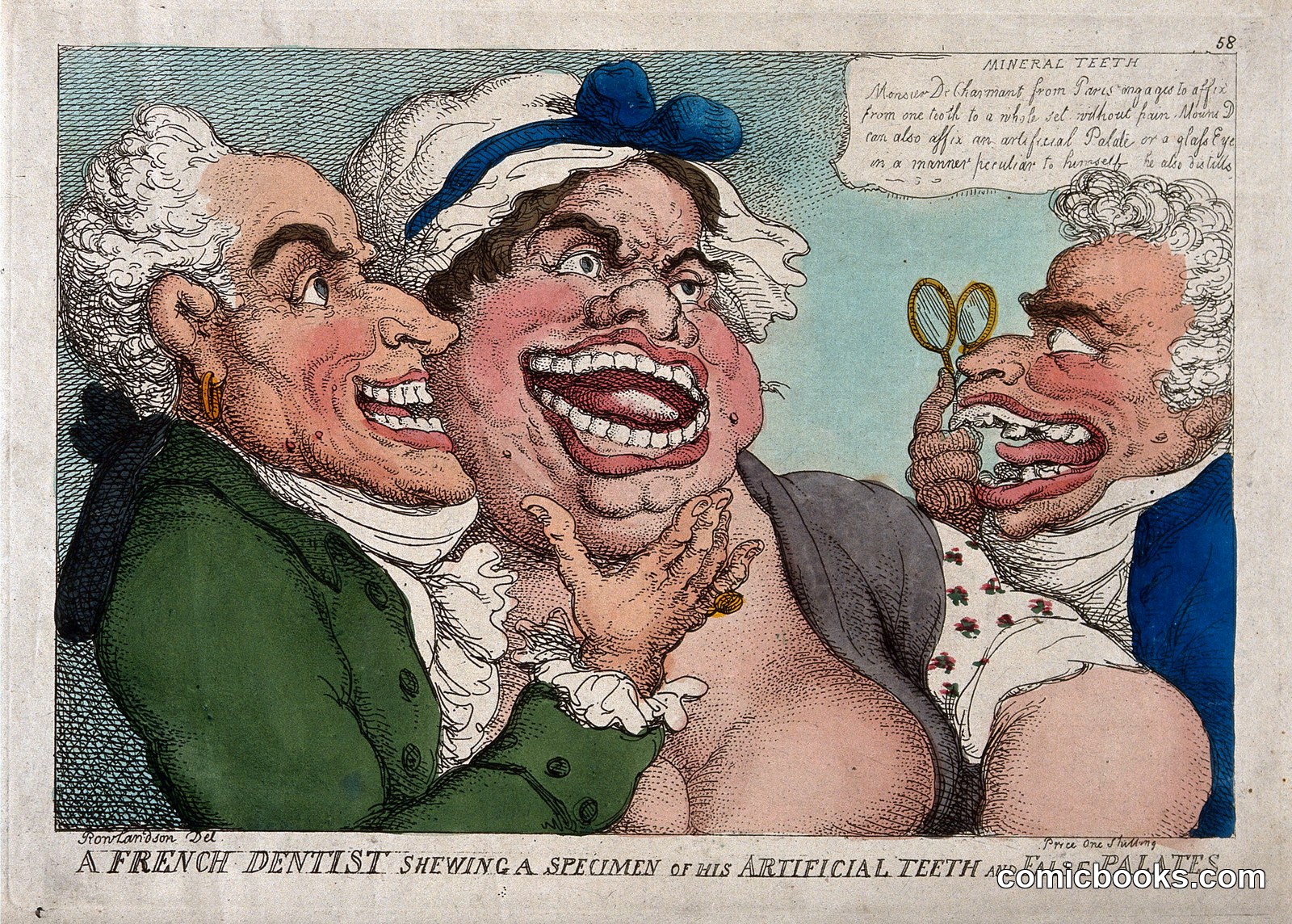 A French Dentist Shewing a Specimen of his Artificial Teeth and False Palates by http://data.europeana.eu/agent/148260