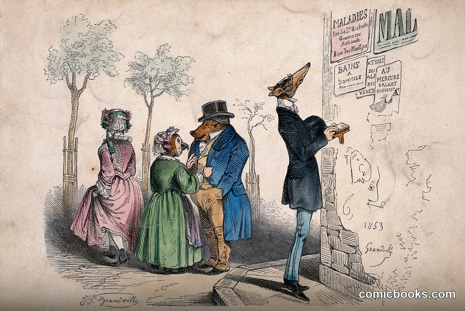 Animals dressed as gentlemen and ladies survey the medical advertisements on a wall by Jean-Ignace-Isidore Gérard