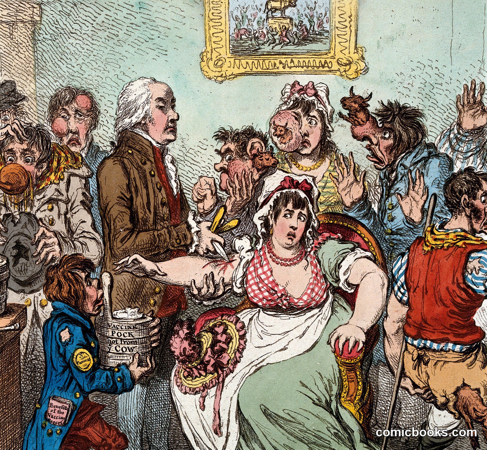 Edward Jenner among patients in the Smallpox and Inoculation Hospital at St. Pancras (Detail) by James Gillray
