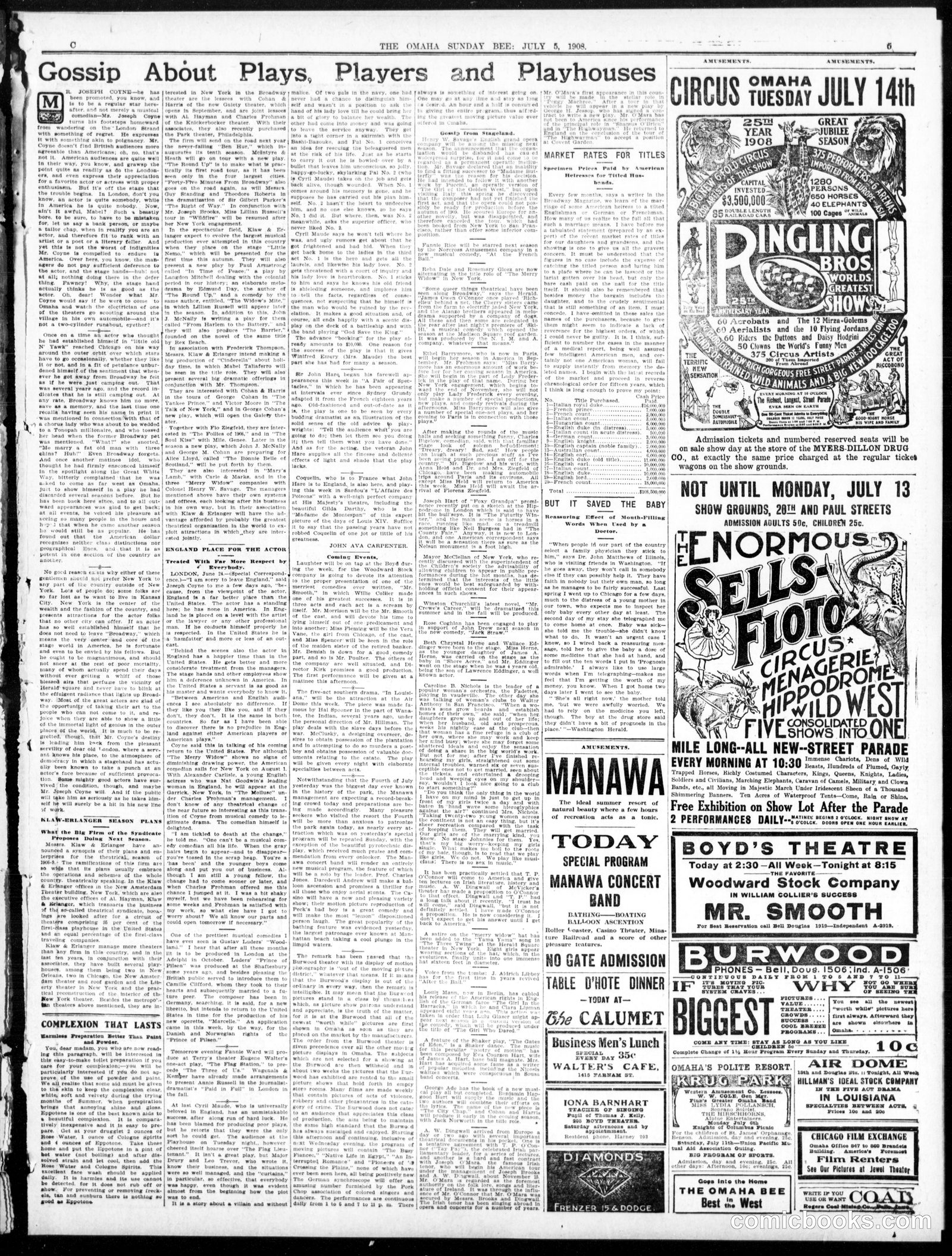 Gossip About Plays, Players and Playhouses — Omaha Sunday Bee, July 5, 1908