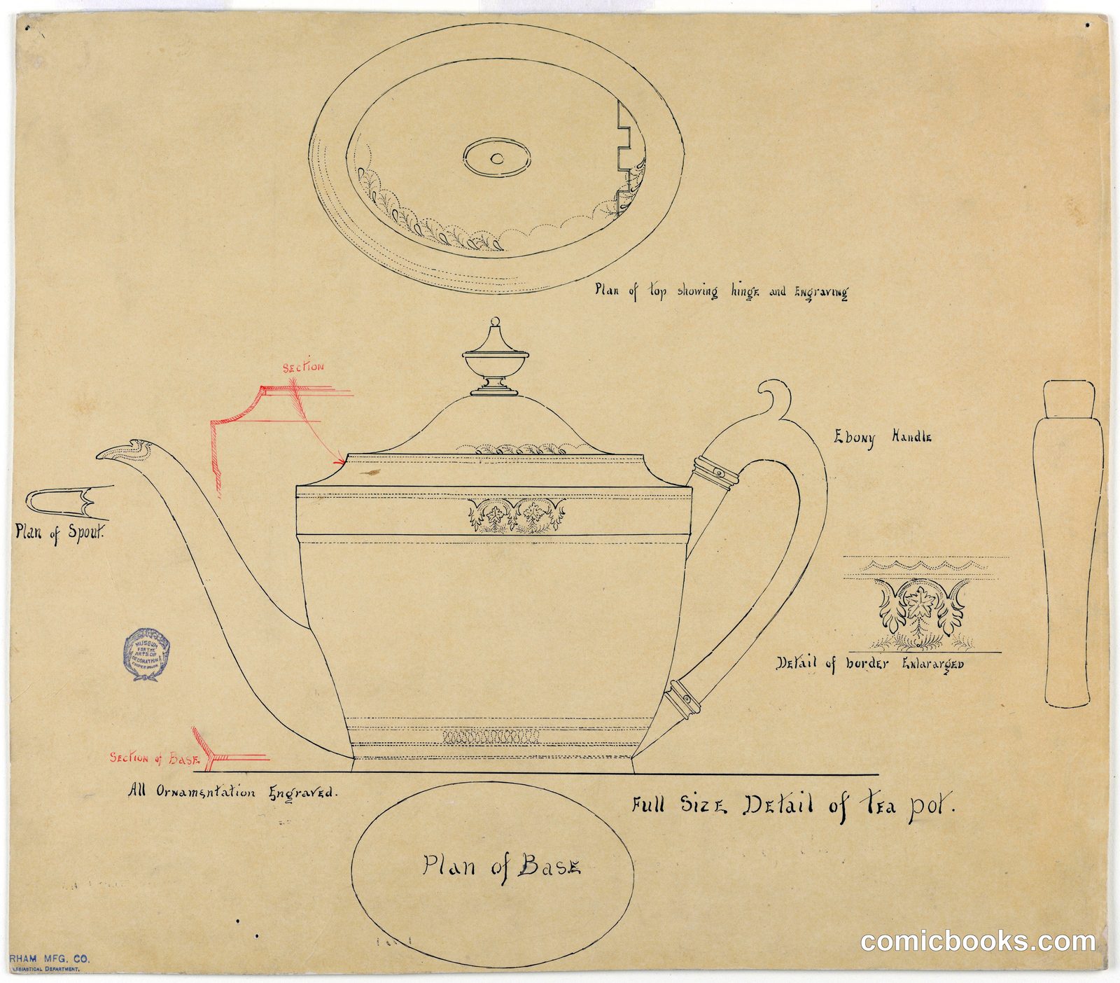 Design Plan for George III Style Silver Teapot by Gorham Manufacturing Company, Providence, Rhode Island, USA, founded 1818