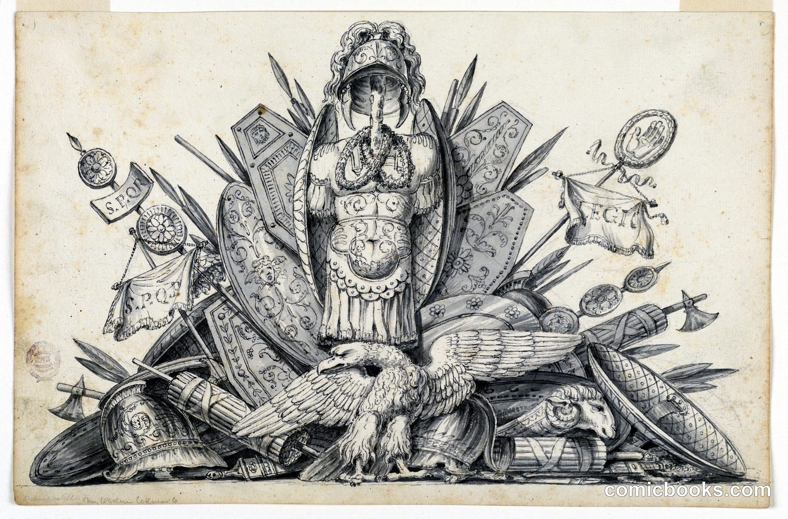 A Trophy of Weapons Intended to be Executed in Painting by Romolo Achille Liverani, Italian