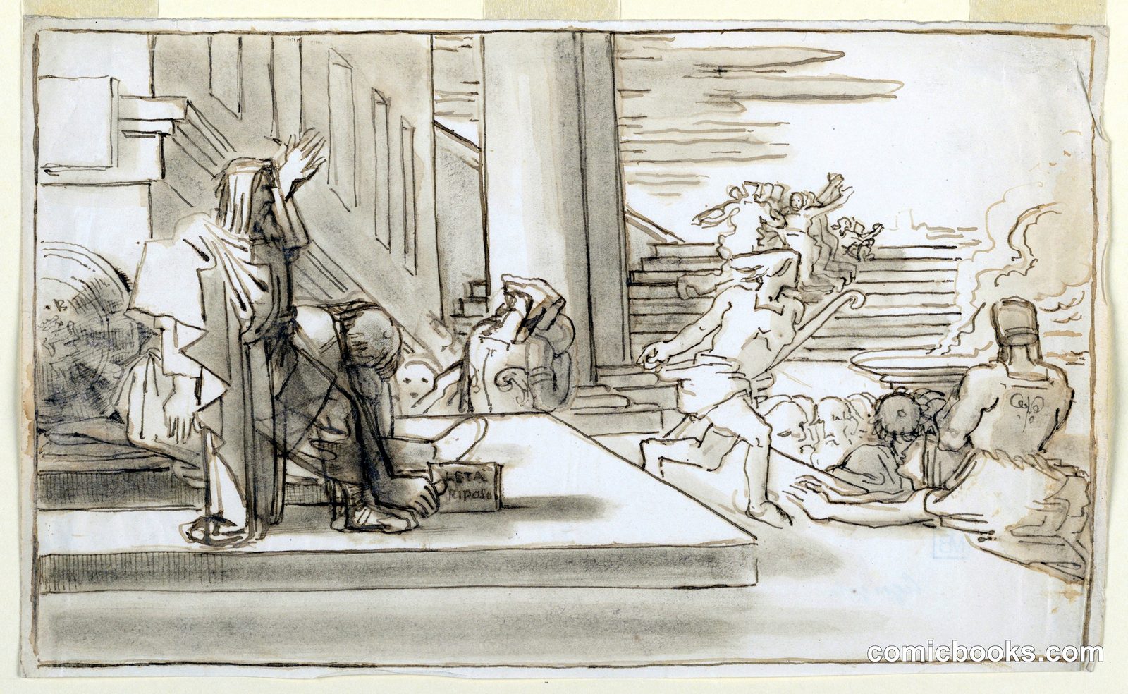 Classical Scene with Seated Leader and Figure Fleeing on Foot by Fortunato Duranti, Italian