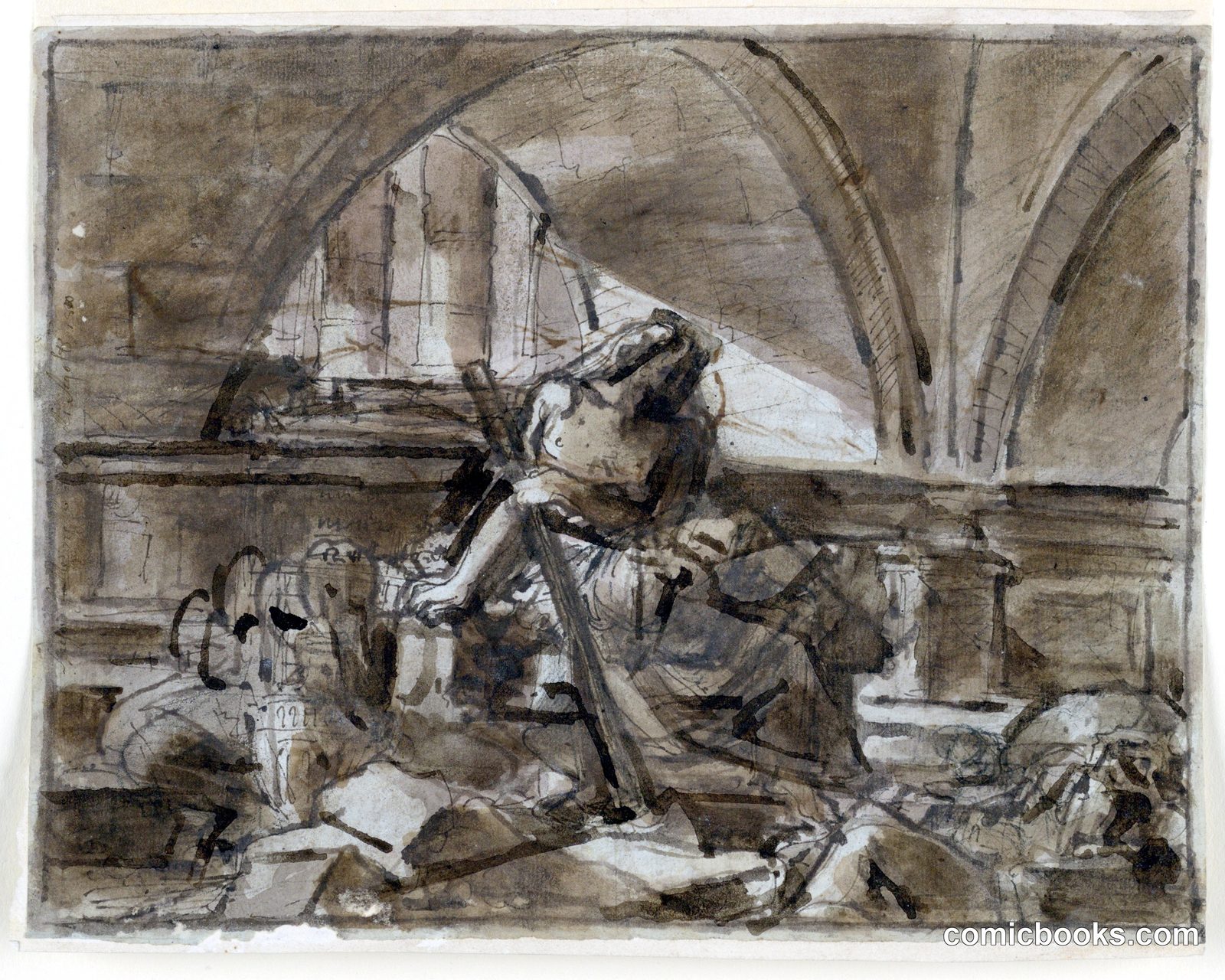 Sketch, Seated Allegory in Architectural Setting by Fortunato Duranti, Italian