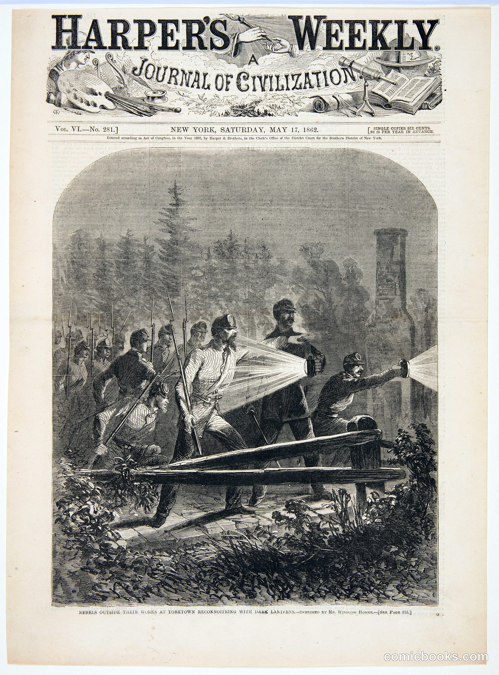 Rebels Outside Their Works at Yorktown Reconnoitring with Dark Lanterns by Winslow Homer, American, 1836–1910