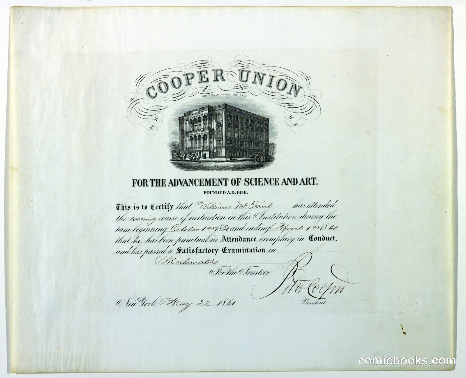 Certificate in Mathematics, Cooper Union by Peter Cooper, American, 1791–1883