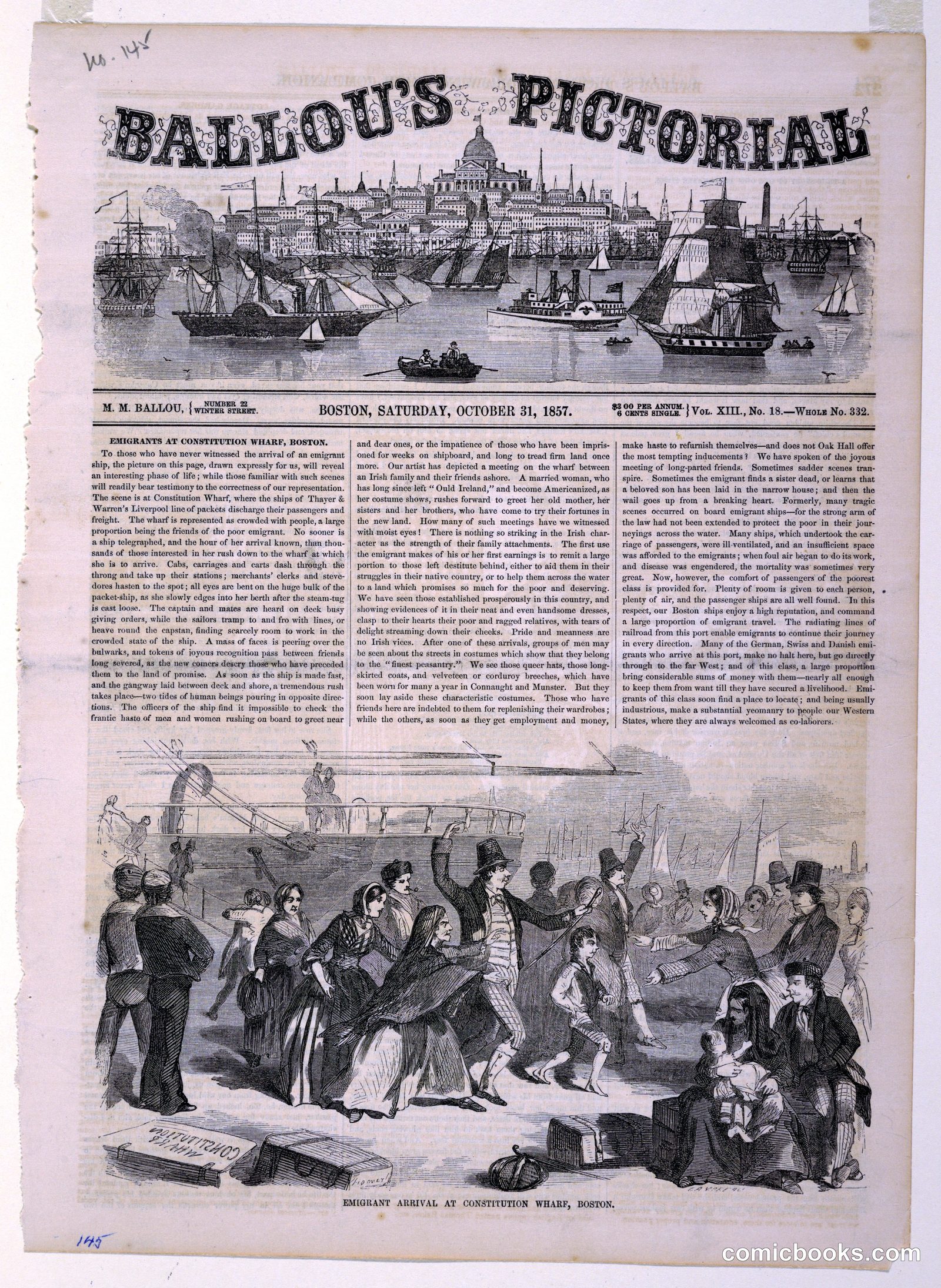 Ballou's Pictorial: Emigrant Arrival at Constitution Wharf, Boston by Winslow Homer, American, 1836–1910