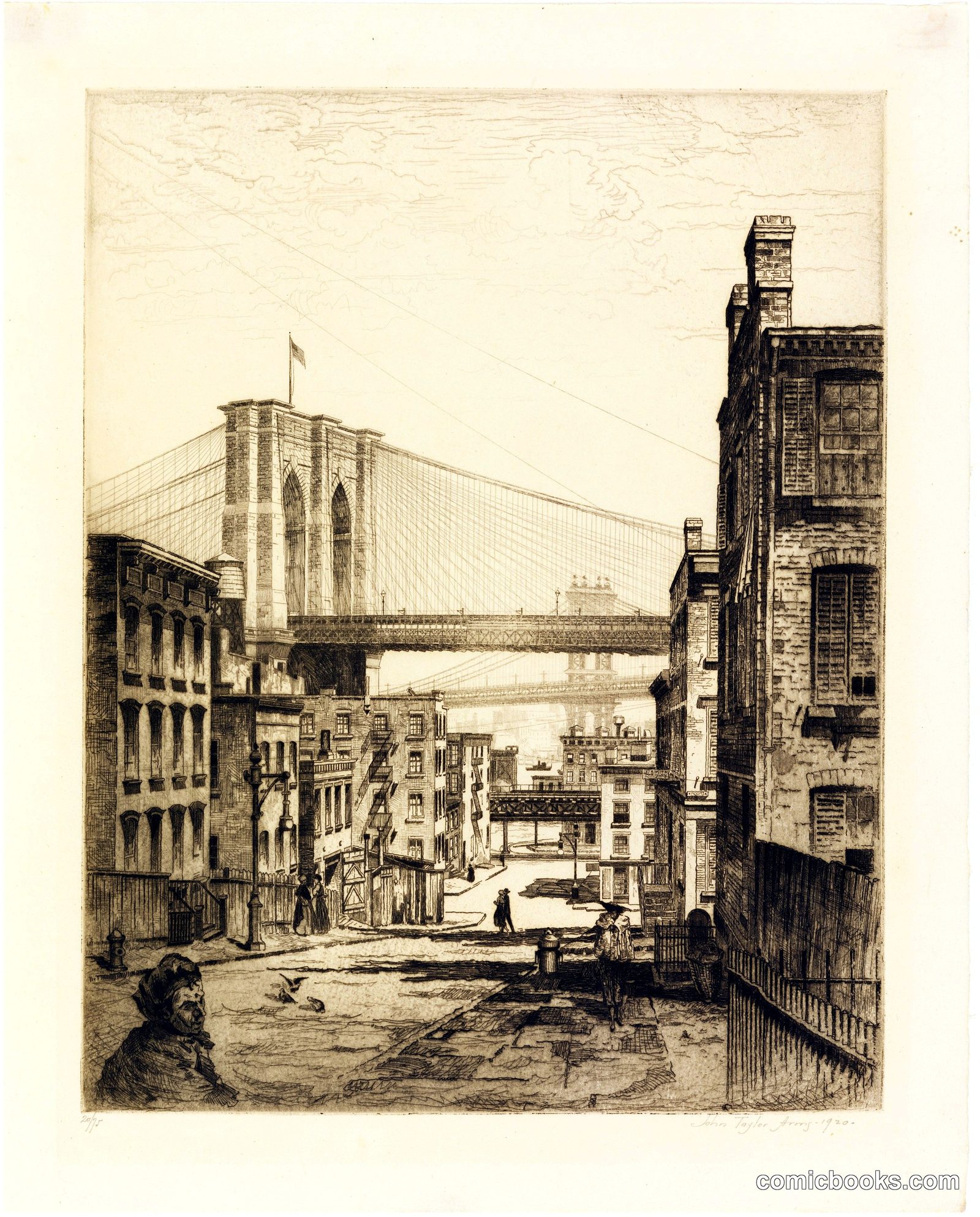 Brooklyn Bridge from South Street by John Taylor Arms, American, 1887–1953
