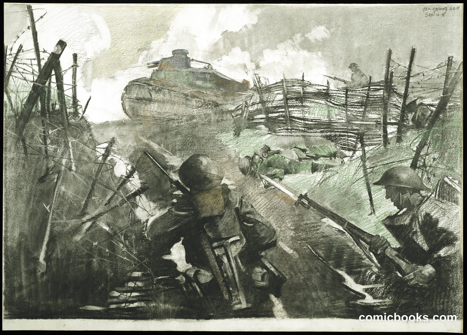 American Infantry Advancing with Tanks near Essey by War Department
