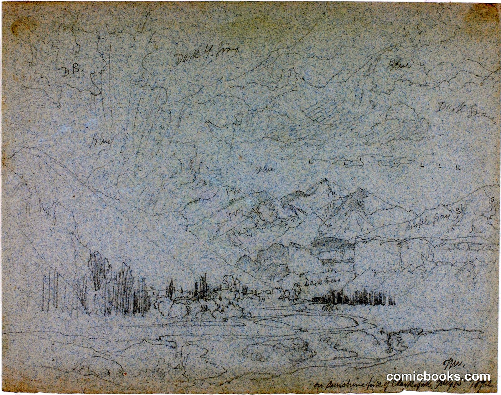 On Sunshine Fork of Clark's Fork by Thomas Moran, born Bolton, England 1837-died Santa Barbara, CA 1926