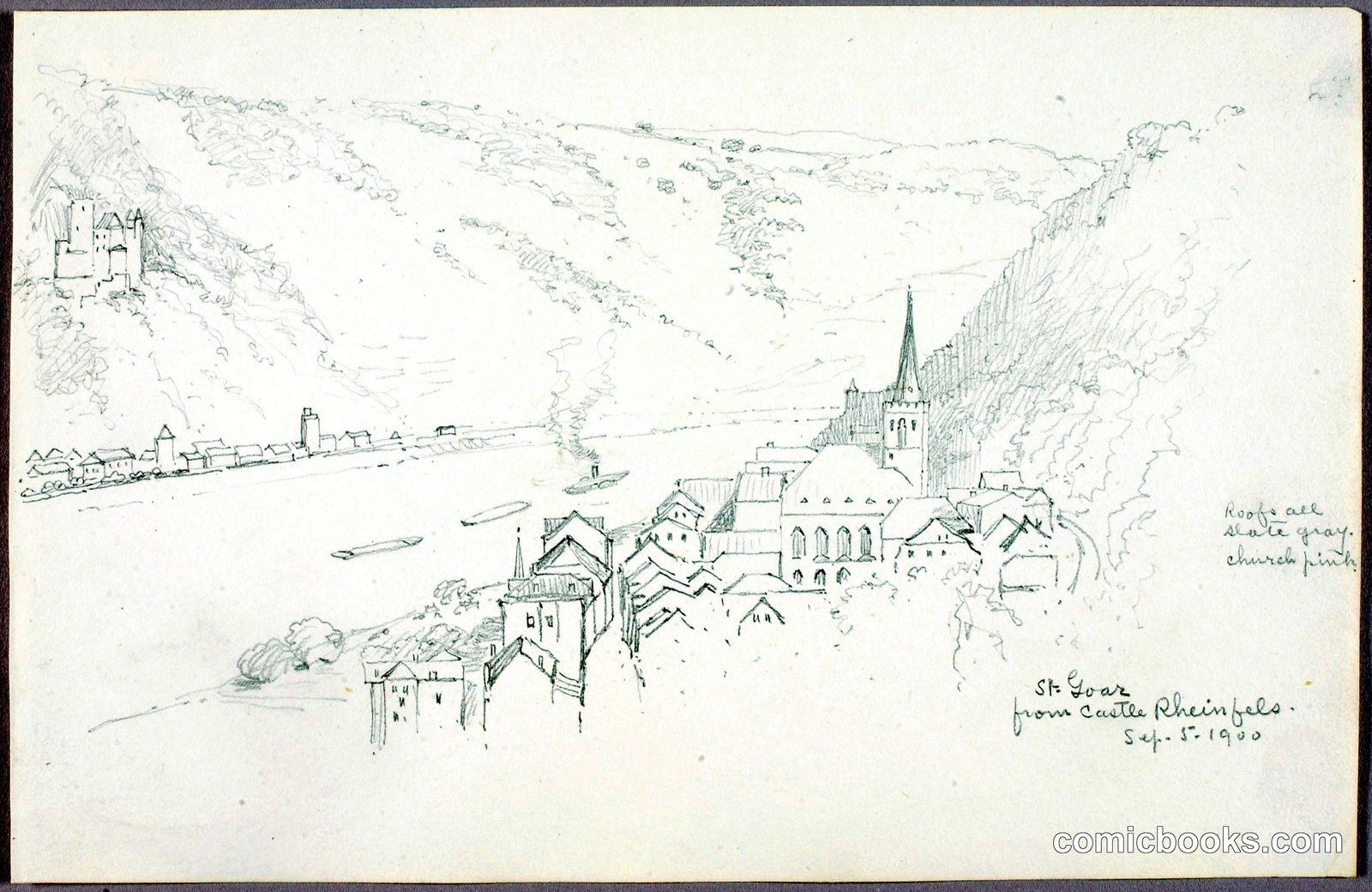 St. Goar from Castle Rheinfels by George Elbert Burr, born Monroe Falls, OH 1859-died Phoenix, AZ 1939