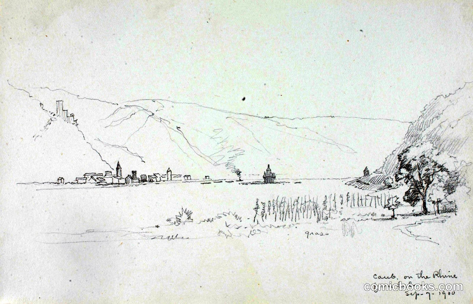 Caub on the Rhine from Below by George Elbert Burr, born Monroe Falls, OH 1859-died Phoenix, AZ 1939