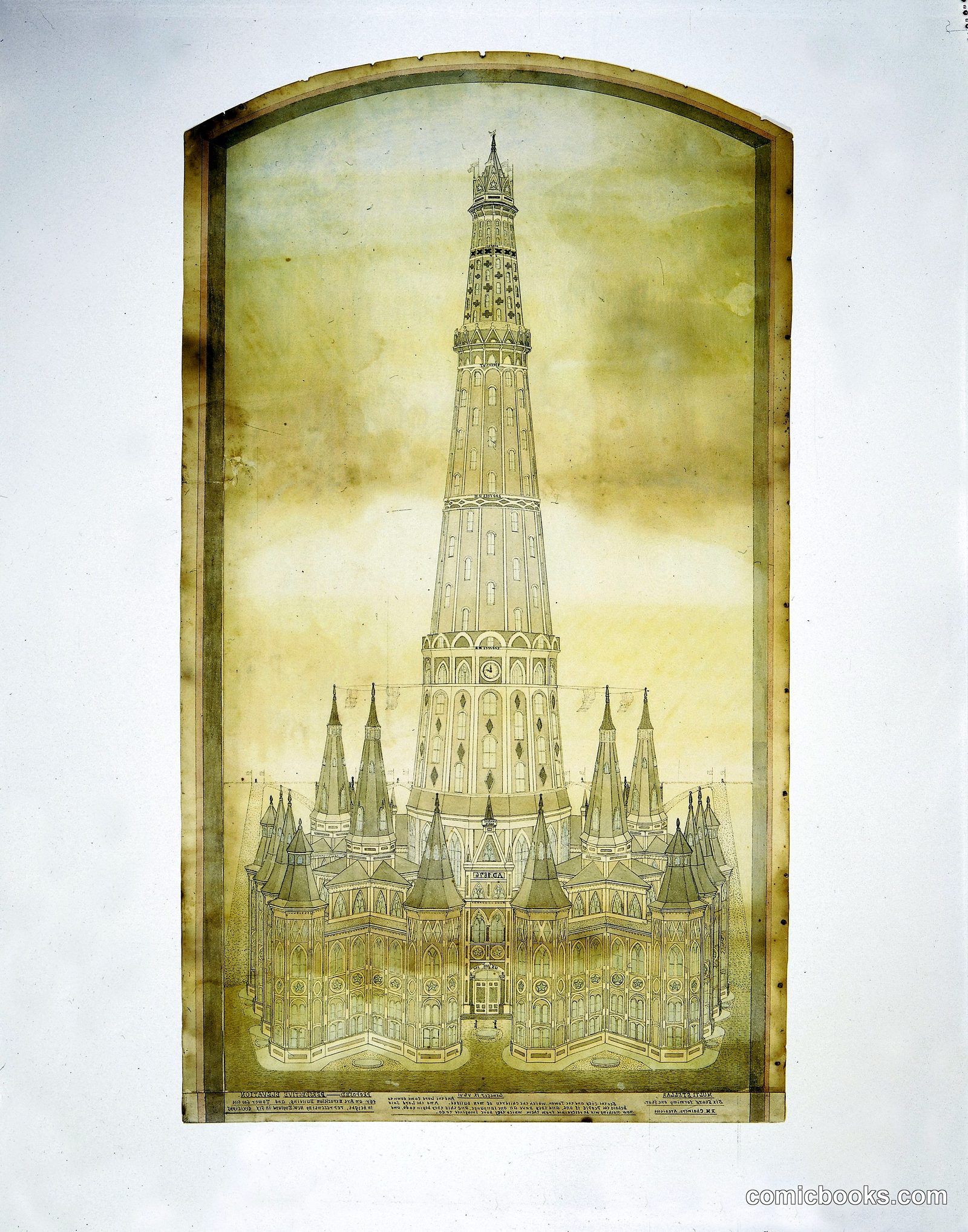 Proposed Perspective Elevation for an Art Exposition Building, and Tower 600 feet in height, representing New England in six divisions by R. M. Chalmers, n.d.