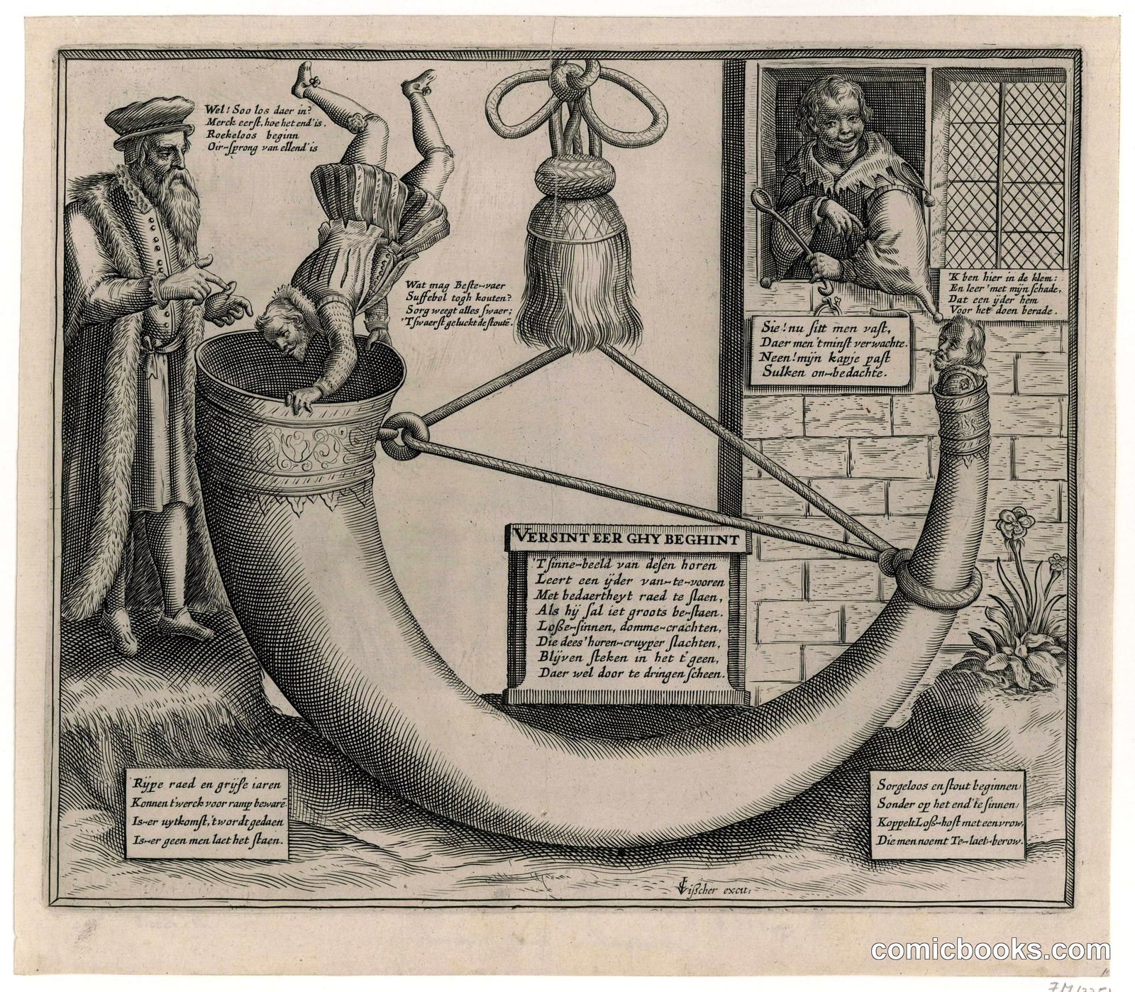 Verbeelding van het spreekwoord 'Bezint eer ge begint' (Illustration of the Proverb 'Think Before You Act')