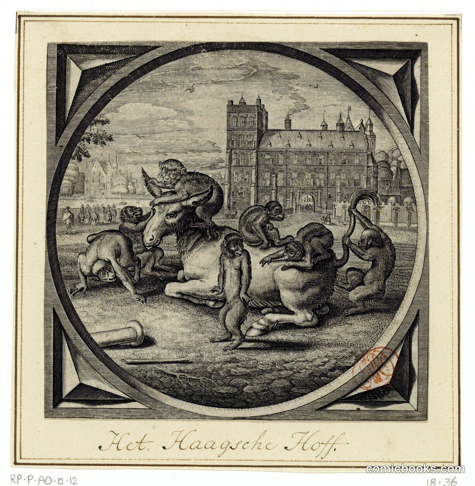 Ezel met apen voor het Binnenhof te Den Haag (Donkey with Apes Before the Binnenhof in The Hague)