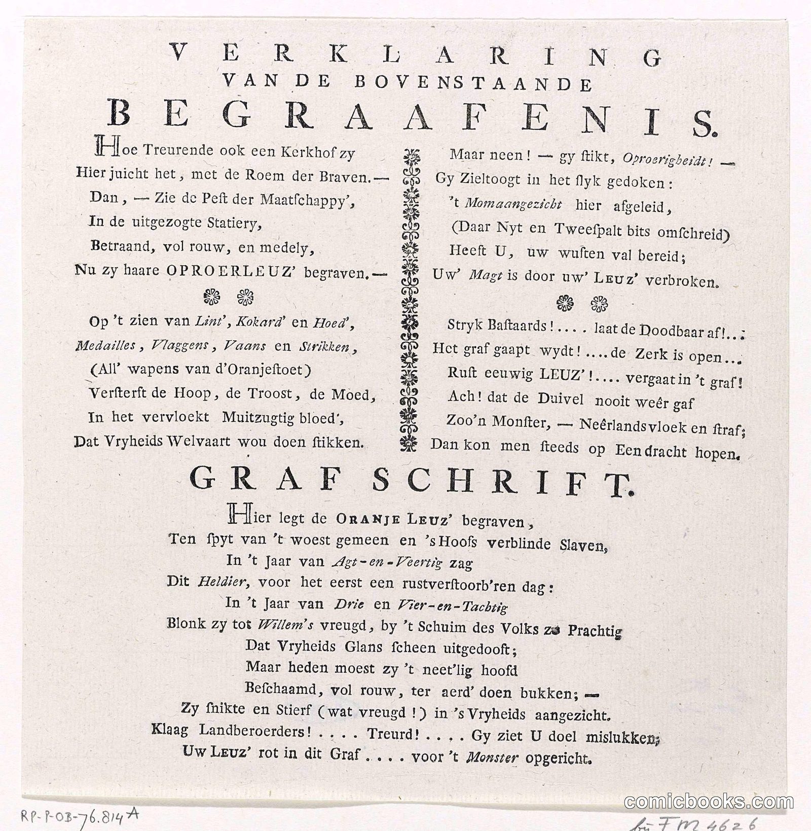 Verklaring van de prent: Begraafenis van de Oranje Leuz [Explanation of the Print: Funeral of the Orange Leuz]