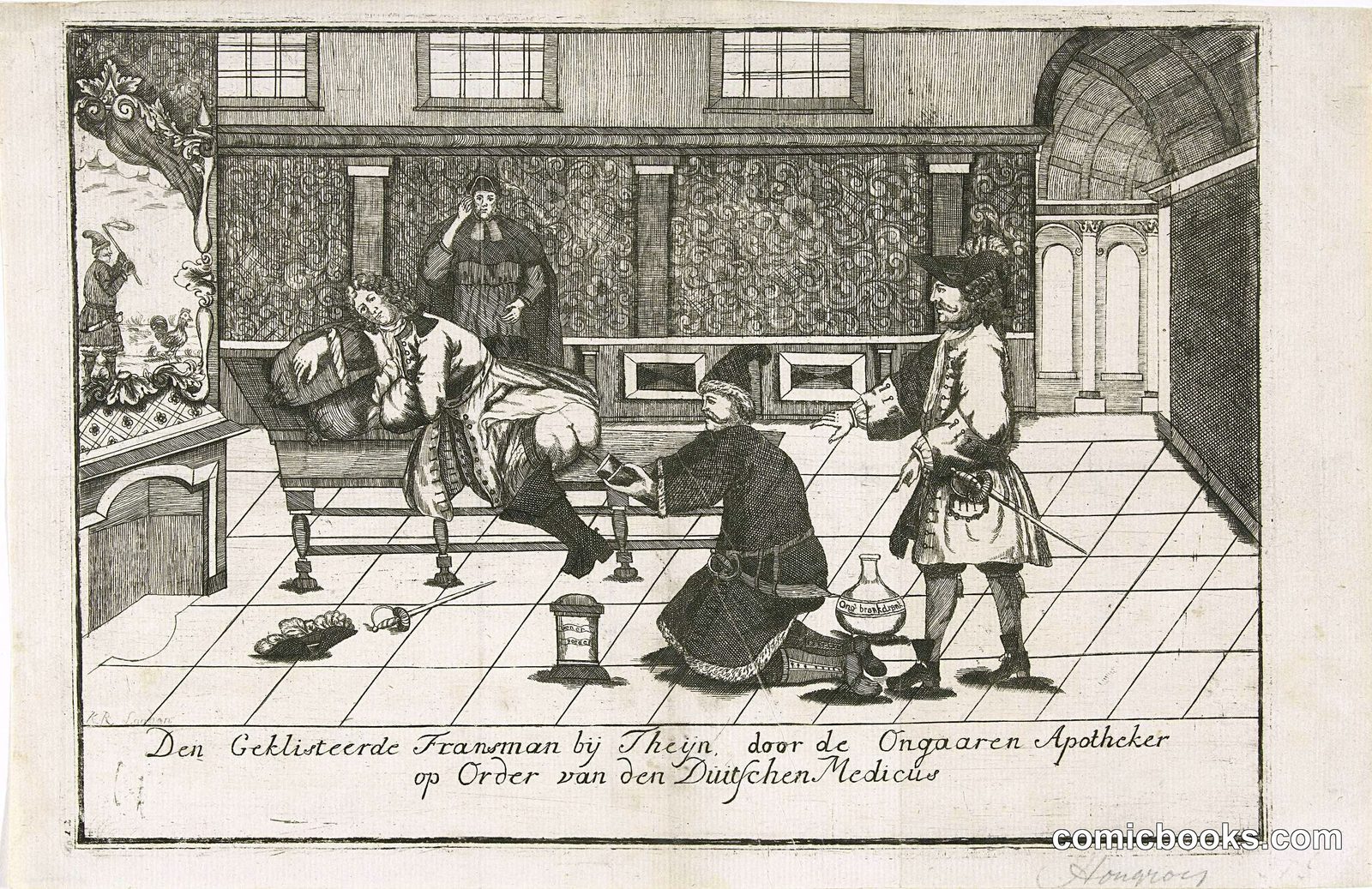 Den Geklisteerde Fransman bij Thejn, door de Ongeaeren Apothecker op Order van den Duitschen Medicus (The Plastered Frenchman at the Barber-Surgeon, by Order of the German Physician)