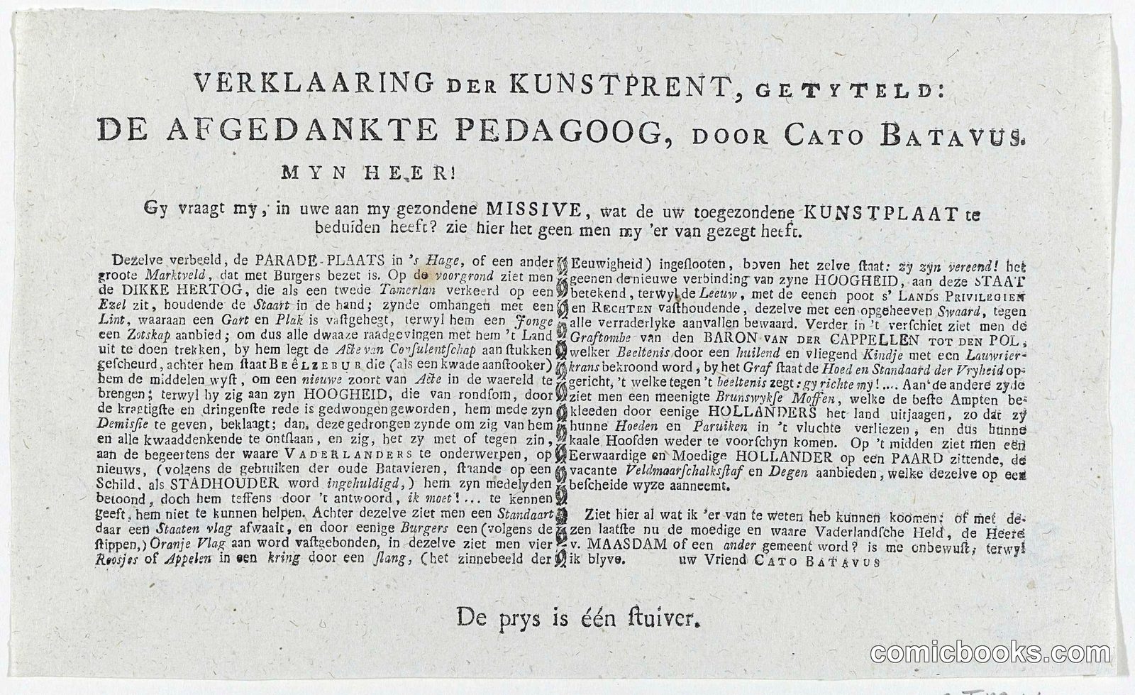 Verklaring der Kunstprent, getyteld: De Afgedankte Pedagoog, door Cato Batavus