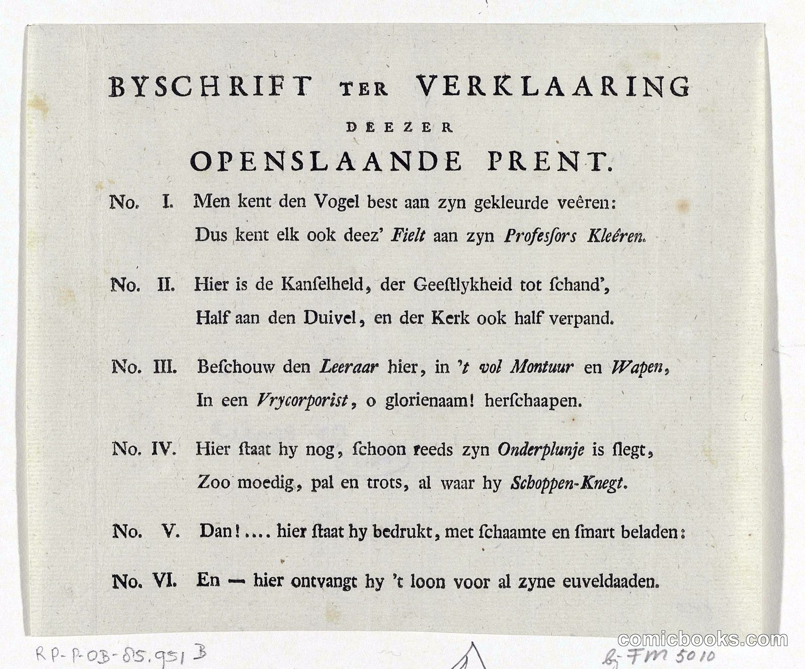 Byschrift ter Verklaaring dezer Openslande Prent (Explanatory Text for an Open Print)