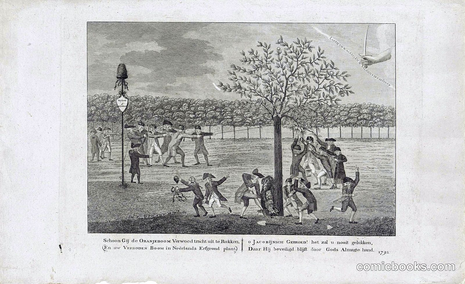Spotprent op de pogingen de Oranjeboom omver te trekken