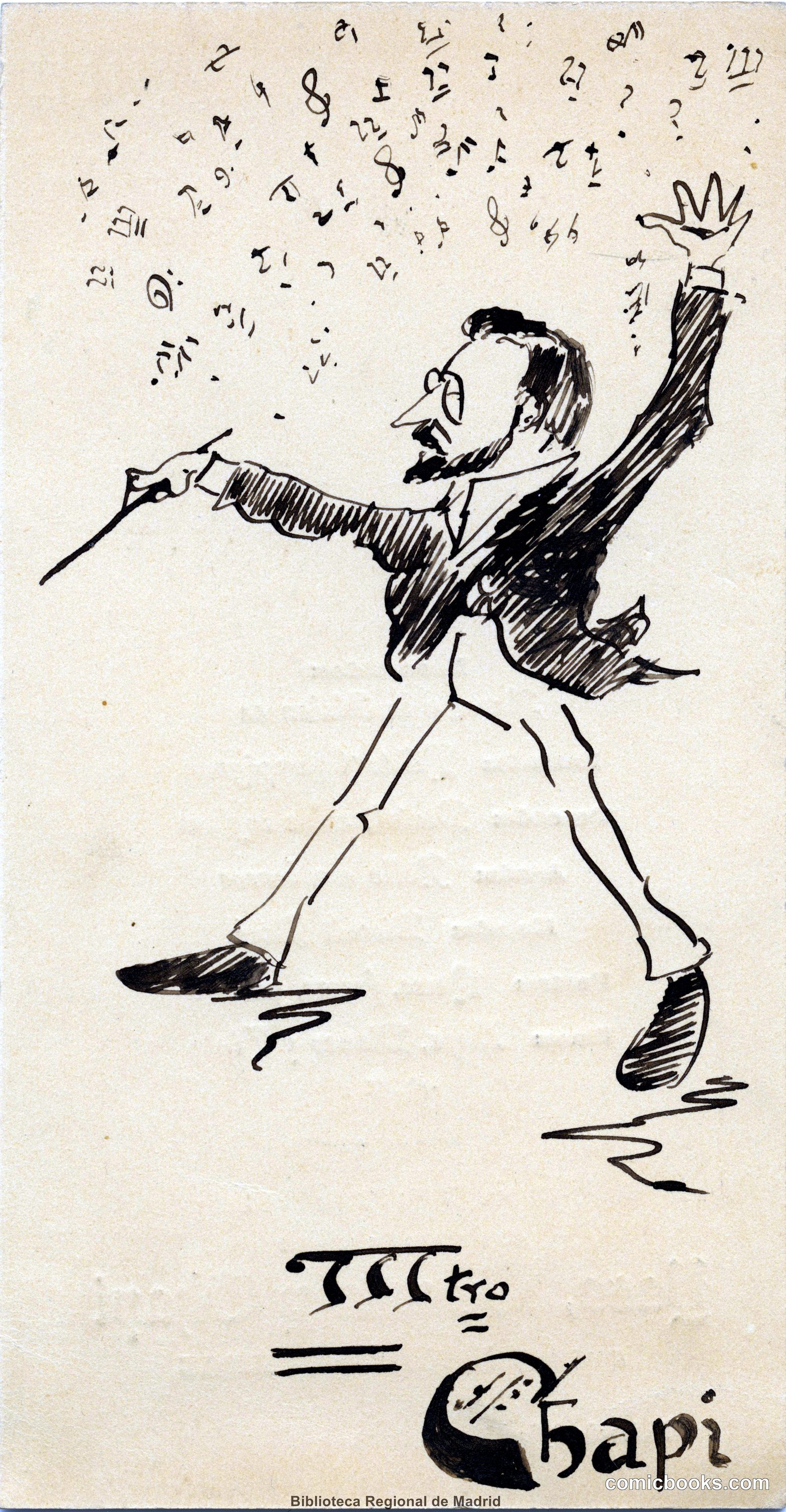 Caricature from a Banquet Menu for Spanish Playwrights, 1899 by https://hispana.mcu.es/lod/oai:bibliotecavirtualmadrid.comunidad.madrid:16421#ent2