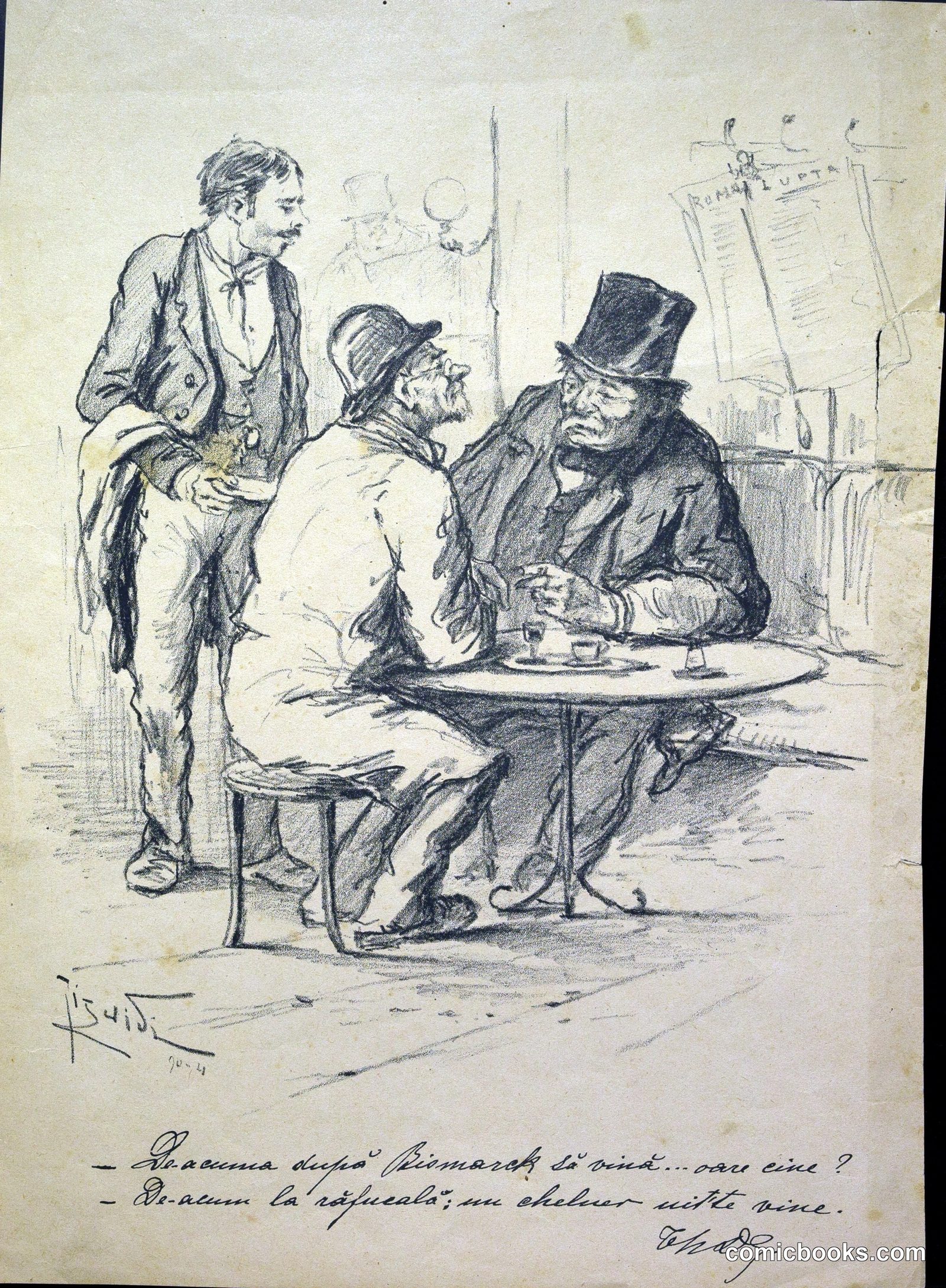 Two Men Discuss Bismarck's Death in a Tavern by Constantin Jiquidi, ilustrator