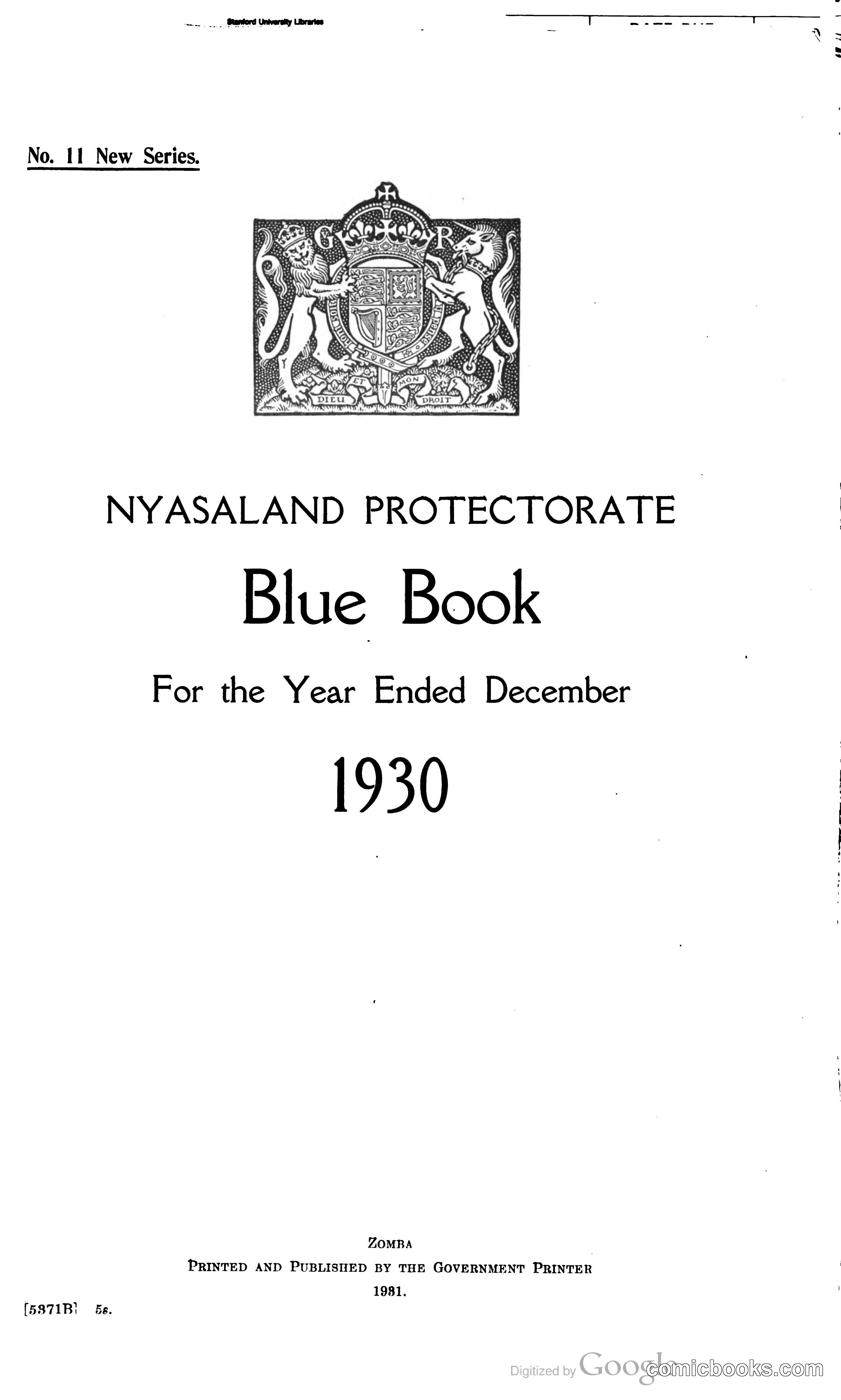 Nyasaland Protectorate Blue Book for the year ended December 1930