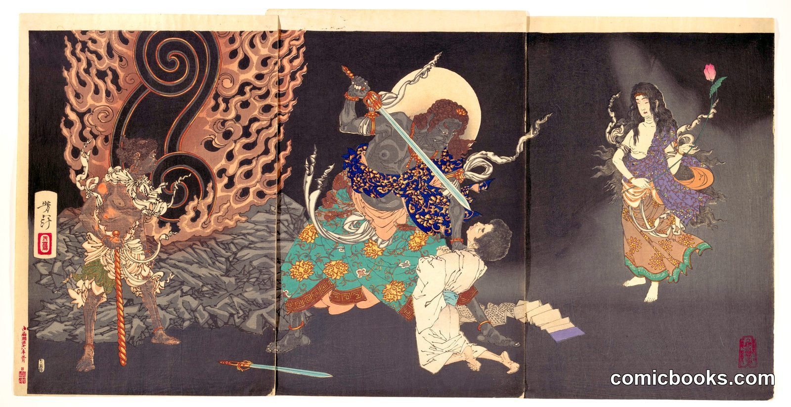 Fudō Myōō Threatening a Novice (triptych) by Tsukioka Yoshitoshi