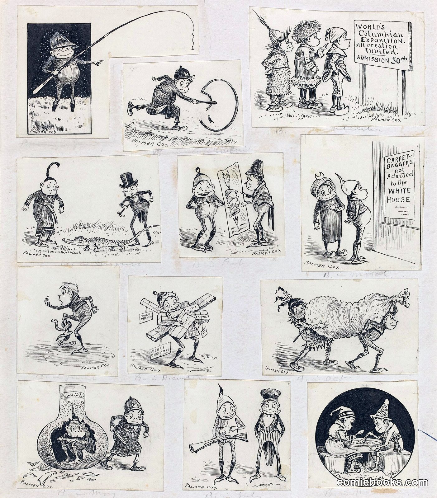 Sheet of Brownie Drawings by Palmer Cox