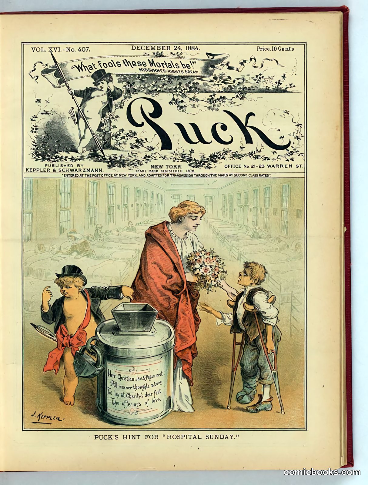 Puck's Hint for "Hospital Sunday" by Keppler, Joseph Ferdinand, 1838-1894, artist