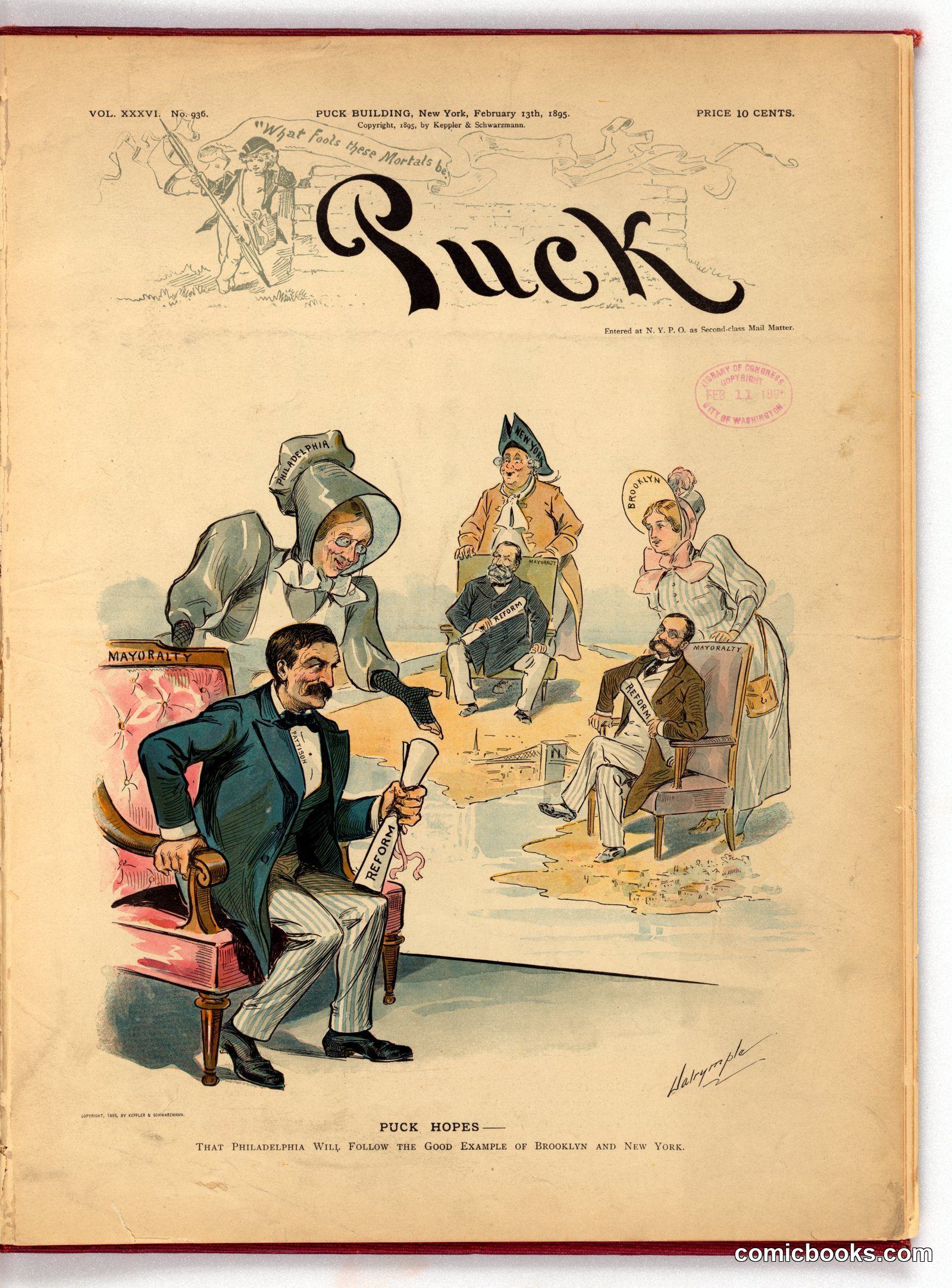 Puck Hopes — That Philadelphia Will Follow the Good Example of Brooklyn and New York by Dalrymple, Louis, 1866-1905, artist