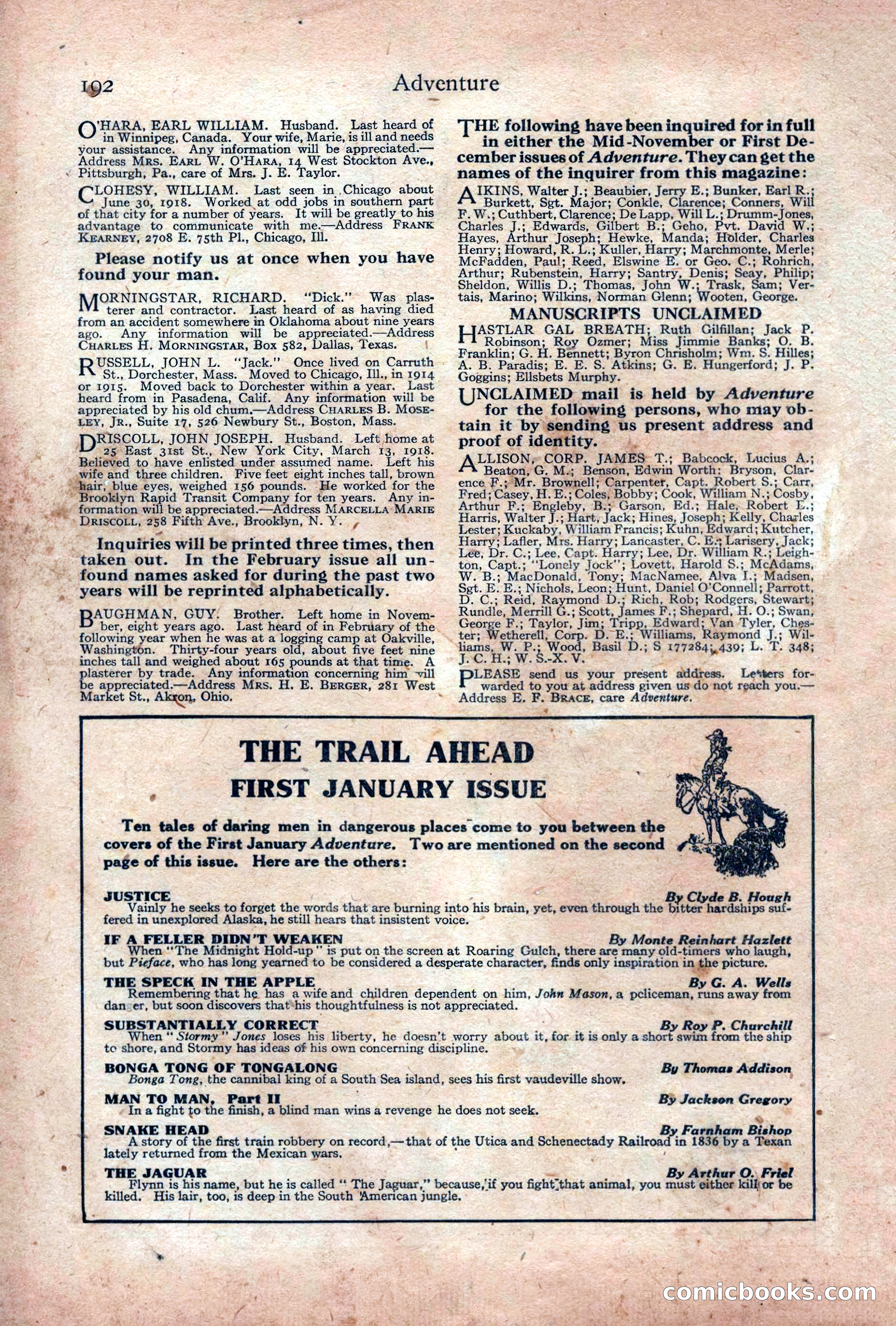 Adventure Magazine Cover, December 18, 1919 — page 206 of 208