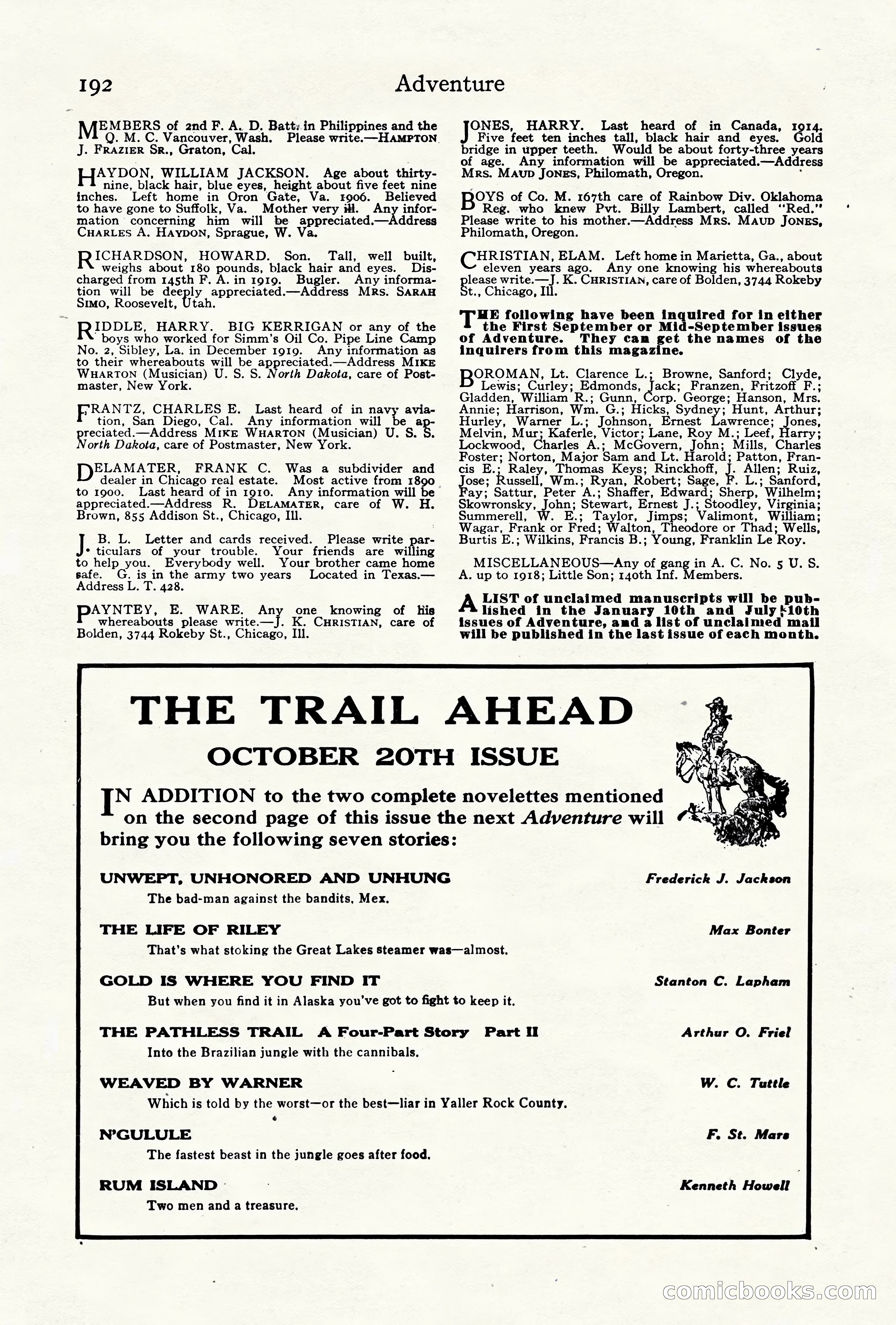 Adventure Magazine Cover, October 10, 1921 — page 202 of 204