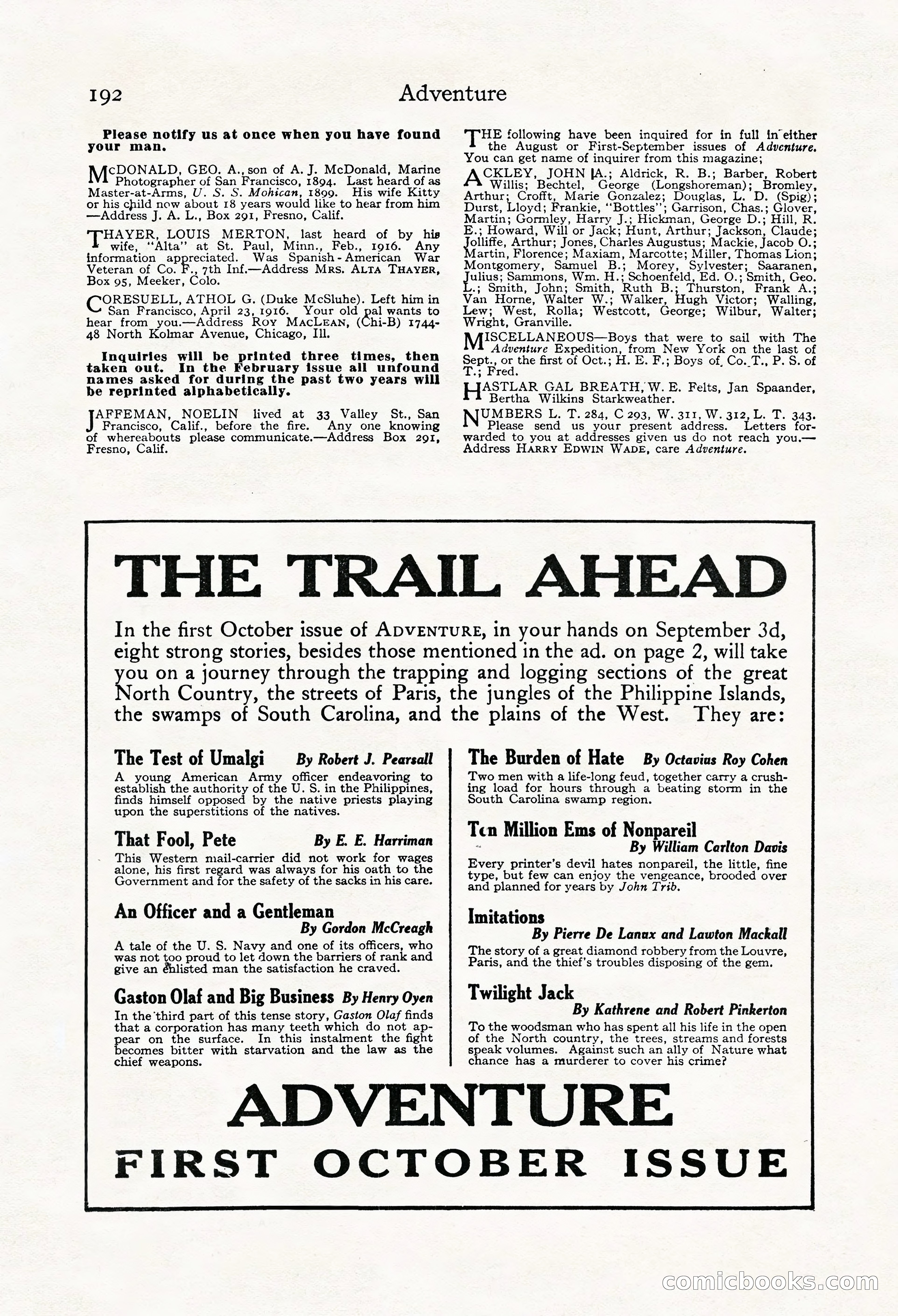 Adventure Magazine, Mid-September 1917 — page 194 of 196