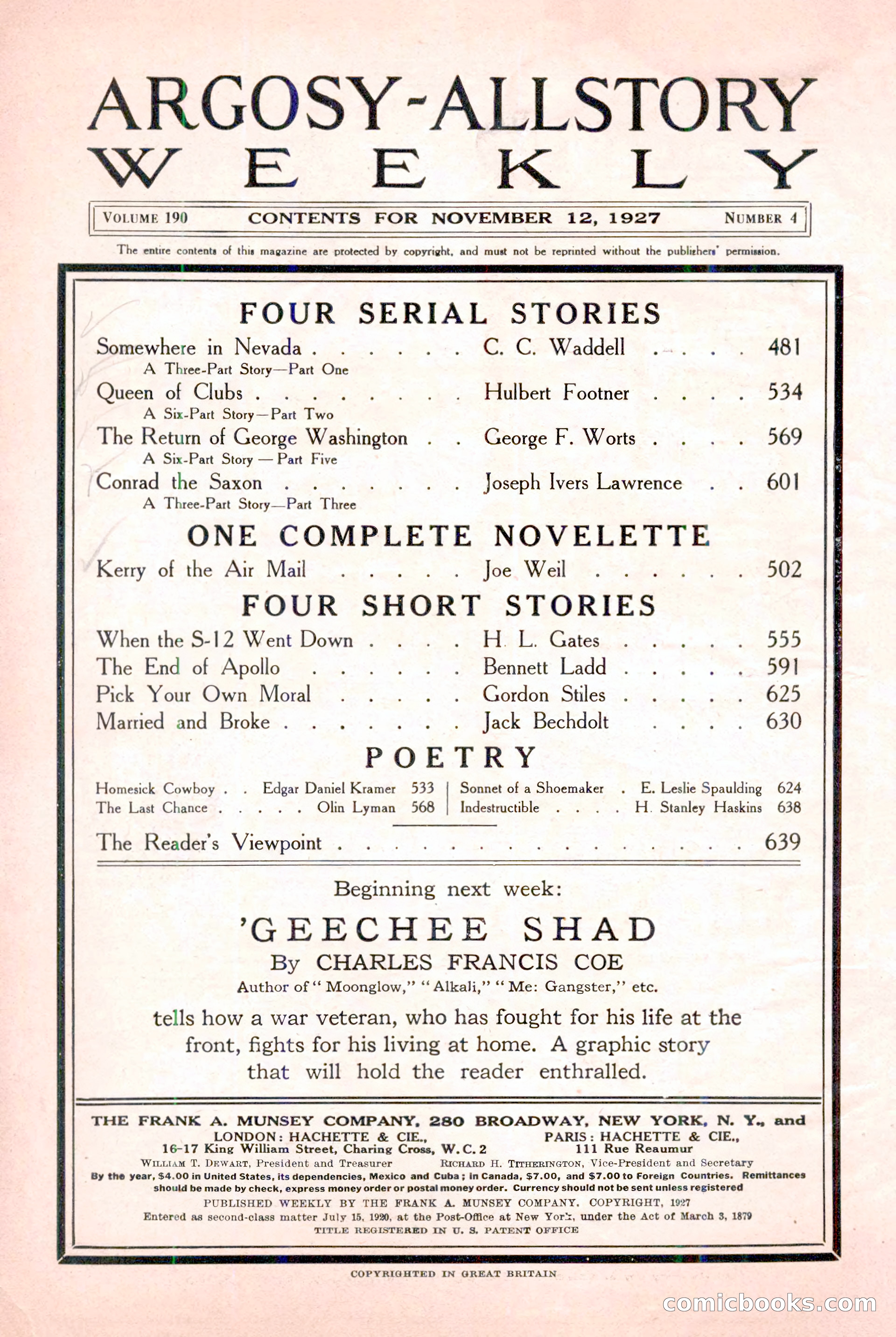 Argosy All-Story Weekly, November 12, 1927 — page 4 of 168